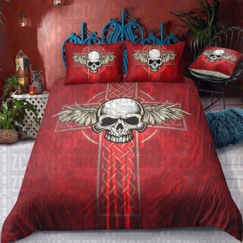 3d Skull Red Cross Wing Bedding Set
