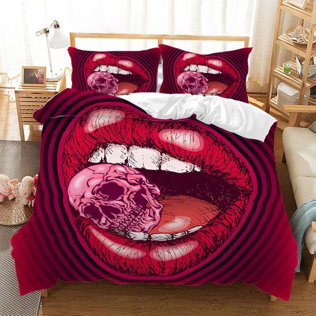 3d Skull Red Lips Bedding Set
