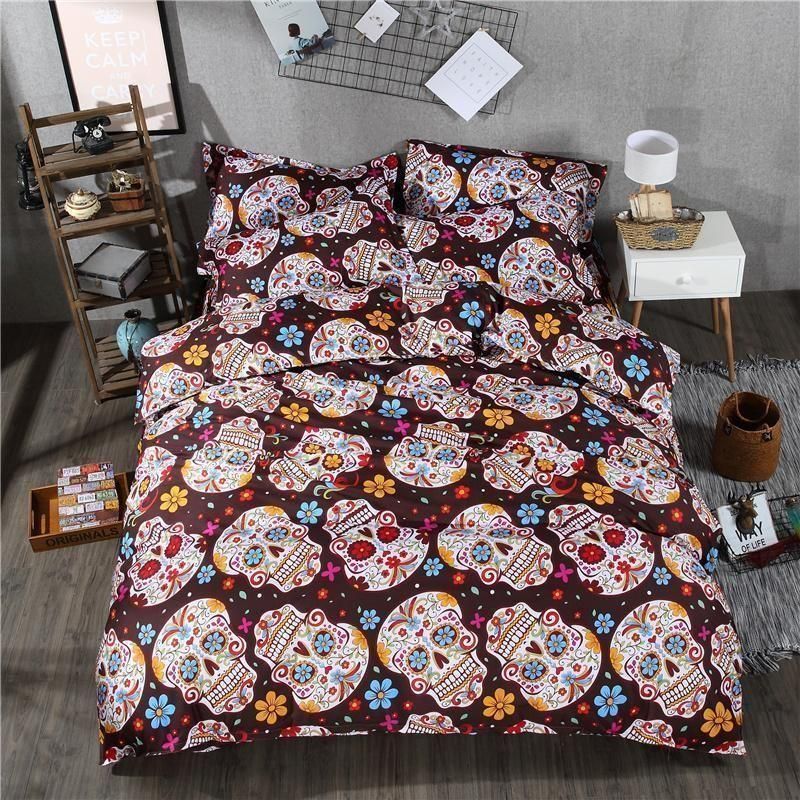 3D Skull S Colorful Flower  Bedding Set