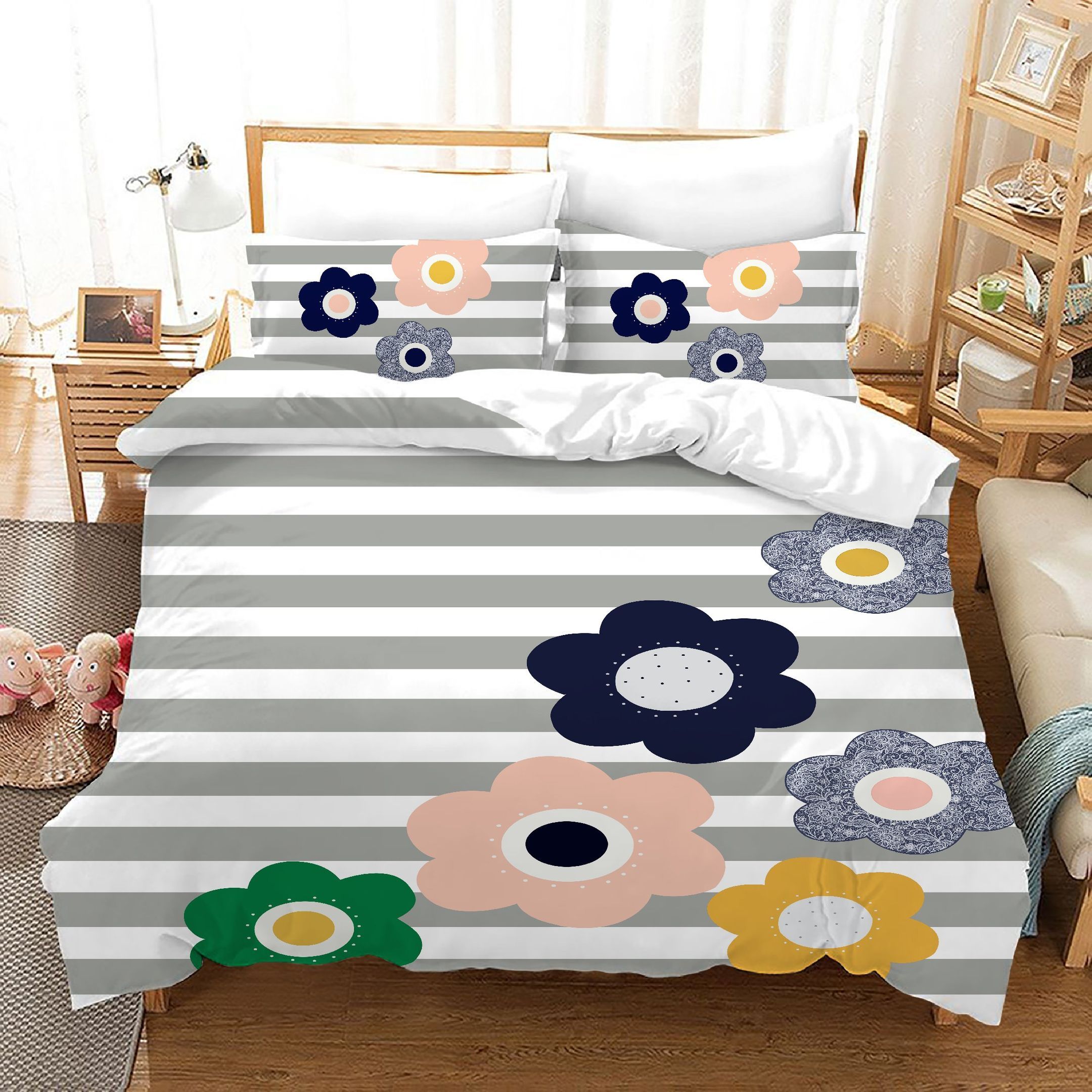 3d Stripe Simple Floral Bedding Set