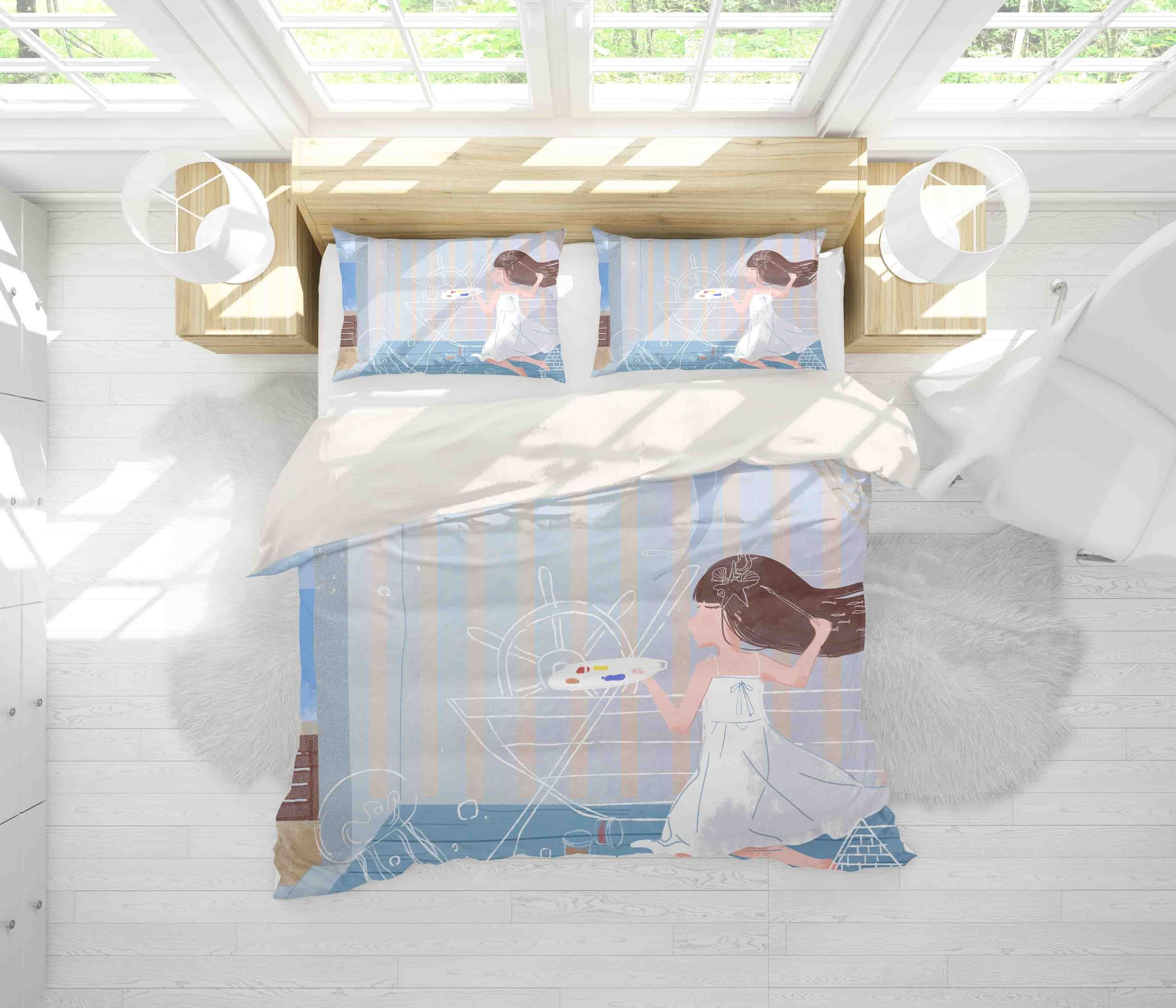 3d Stripes Girl Boat Rudder Jellyfish Bedding Set