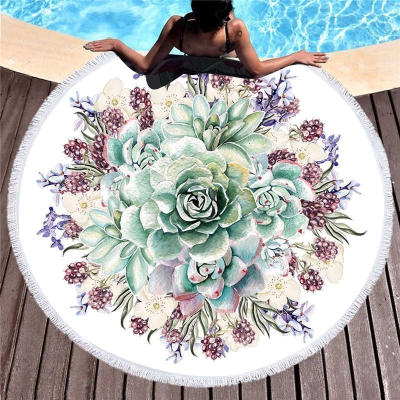 3d Succulent Plant And Flowers Printed Round Beach Towel