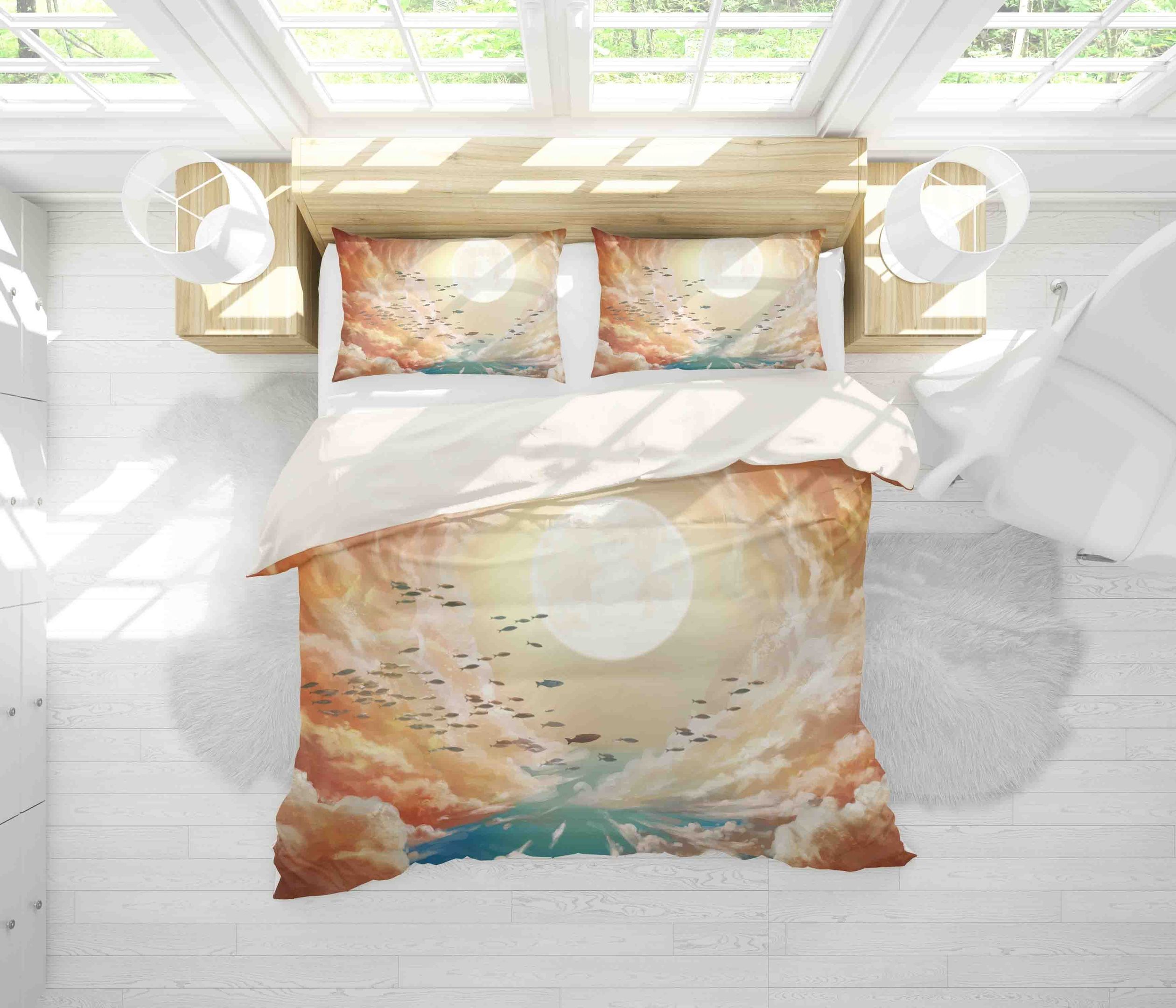 3d Sun Clouds Fish Bedding Set