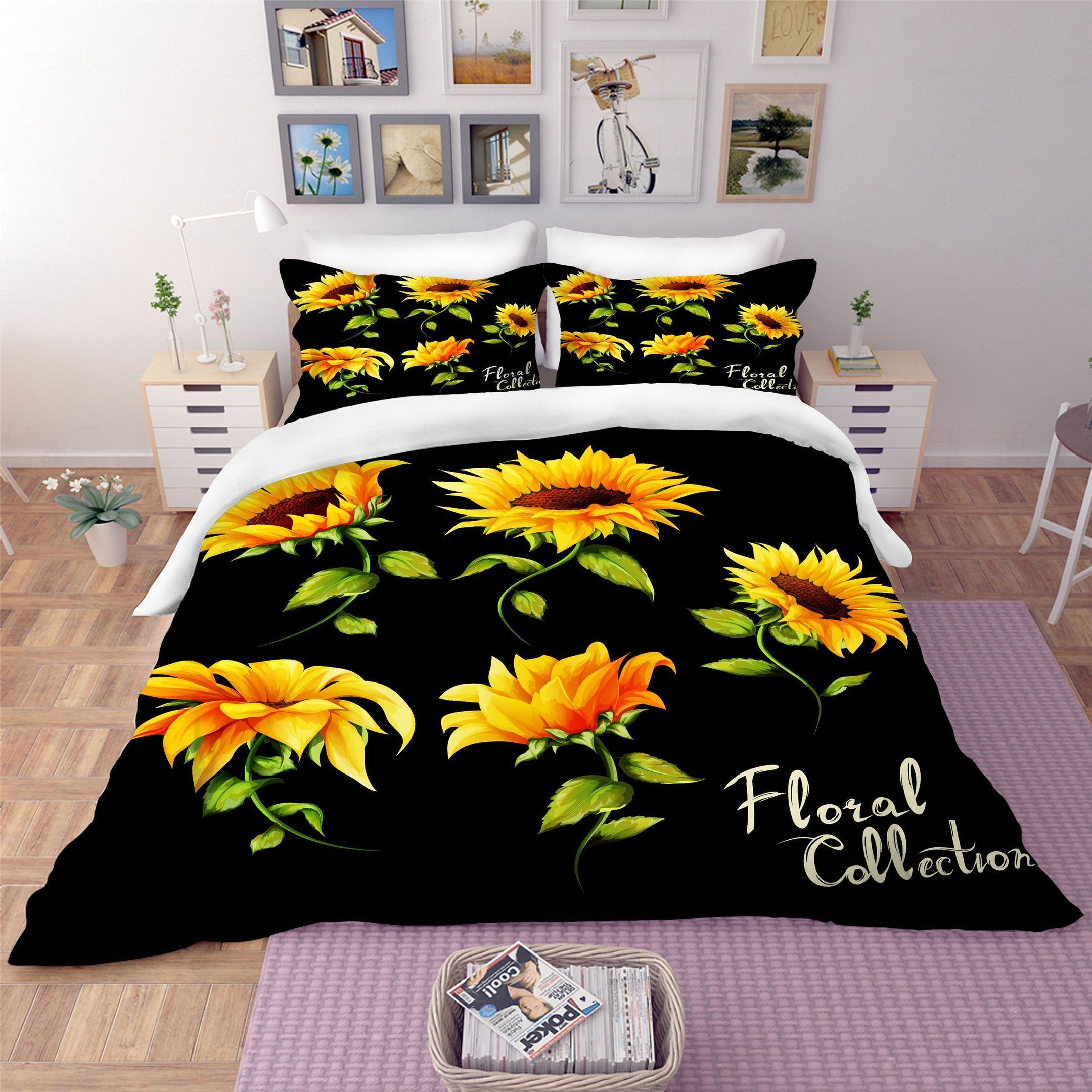3d Sunflower Black Background Bedding Set