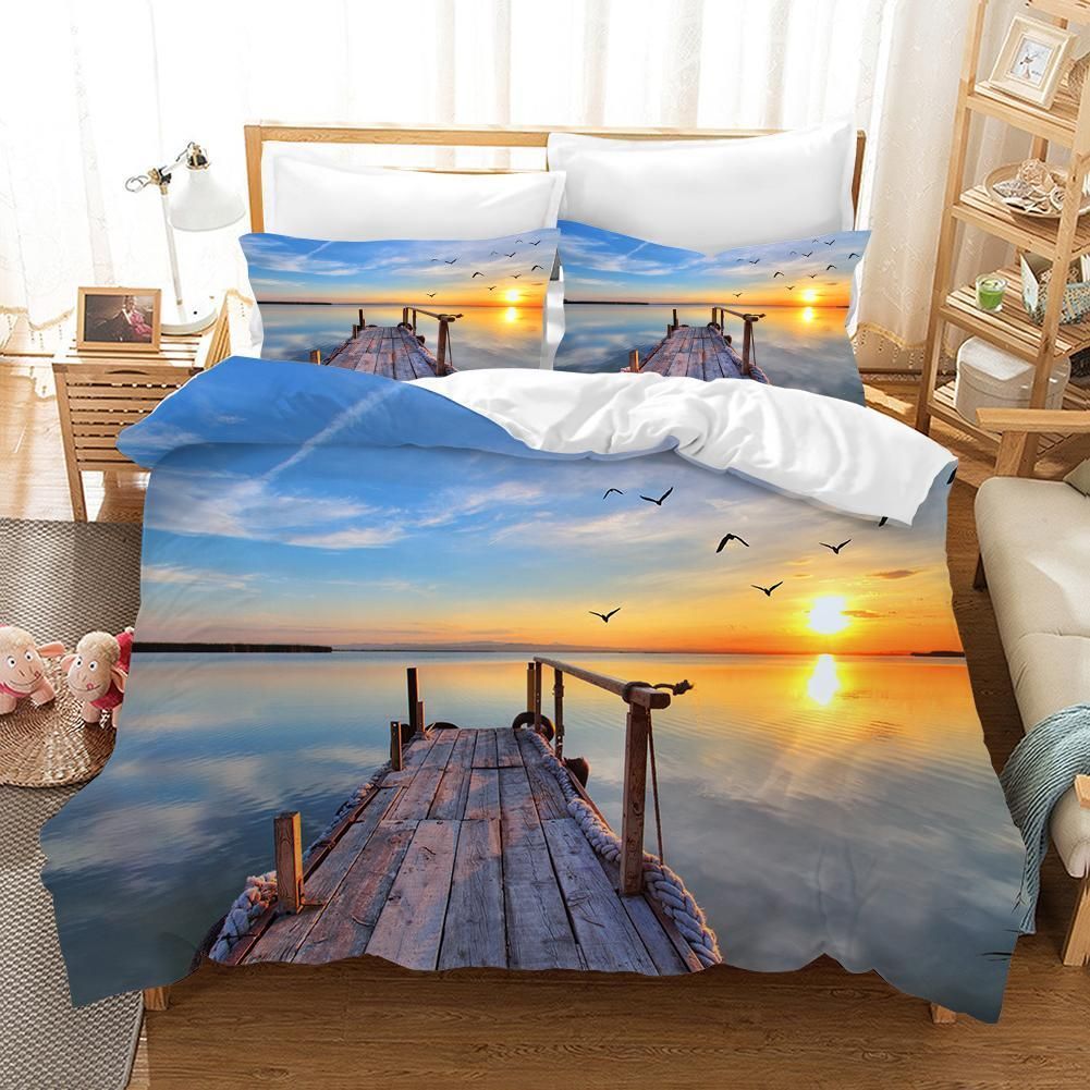 3d Sunrise Trestle Bridge Seagull Landscape Bedding Set
