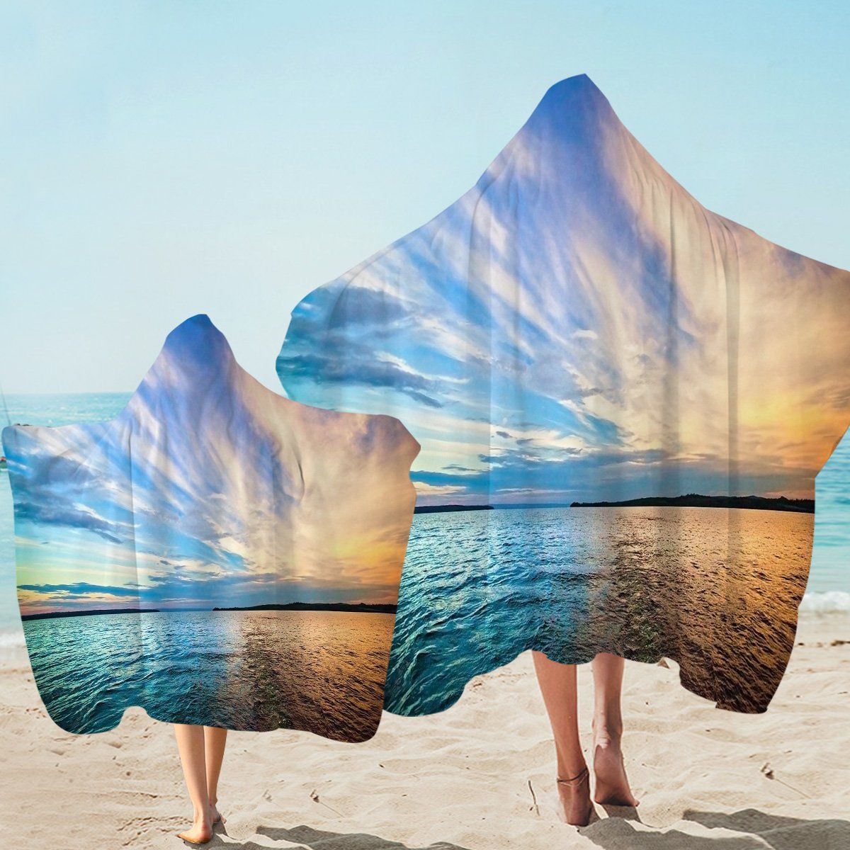 3d Sunset Sky On Sea Printed Hooded Towel