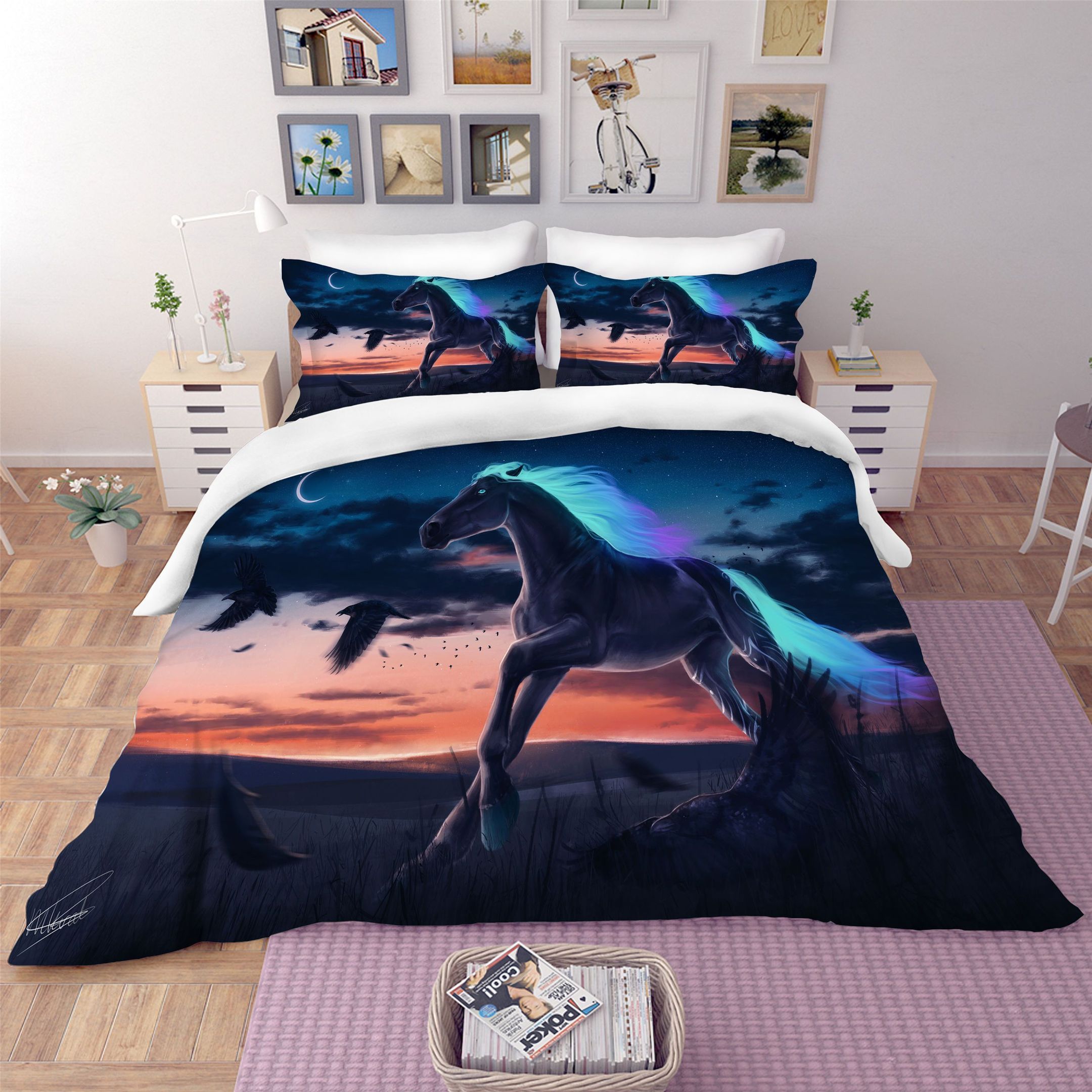 3d Sunset White Horse Bedding Set