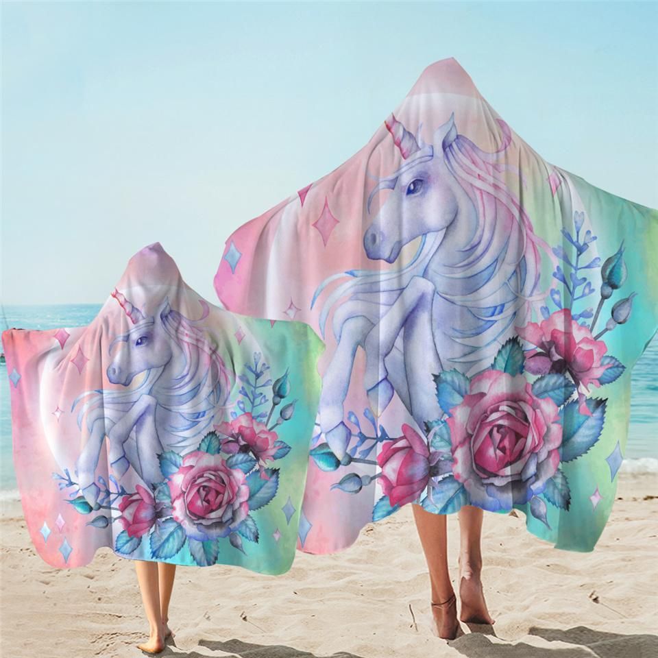 3d Unicorn Dreamy With Rose Printed Hooded Towel