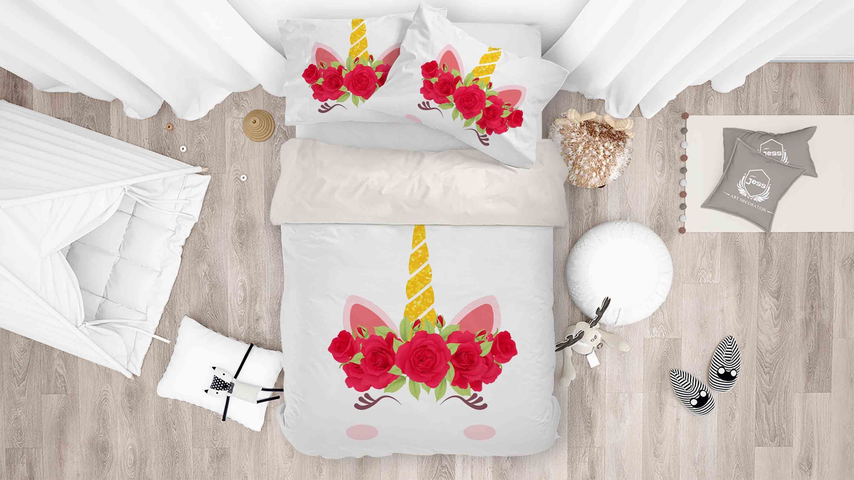 3d Unicorn Red Floral Bedding Set