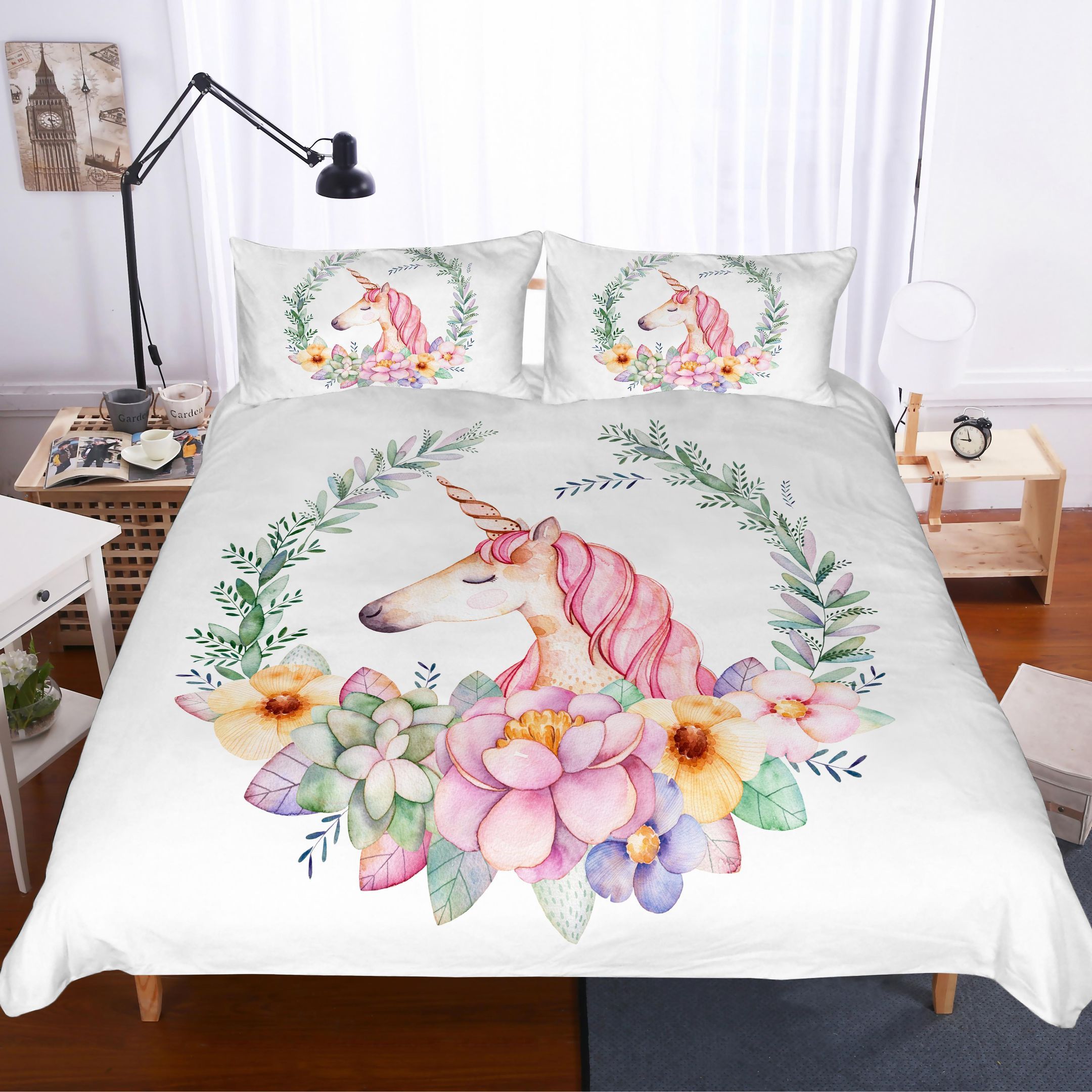 3d Unicorn Succulents Floral Bedding Set