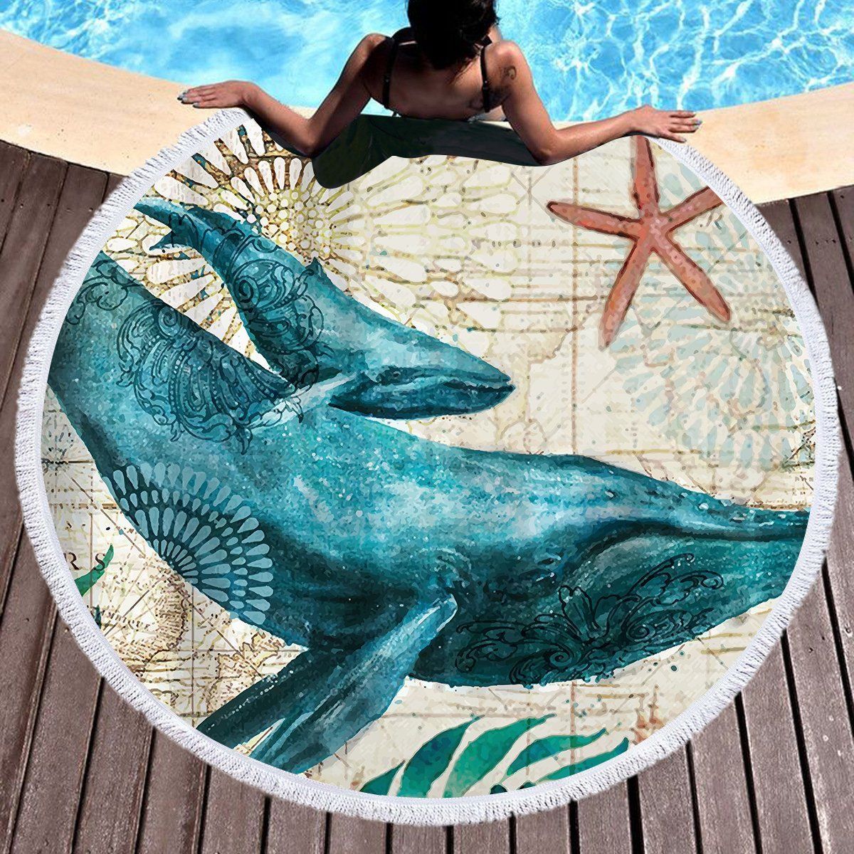 3d Vintage Blue Whale Printed Round Beach Towel