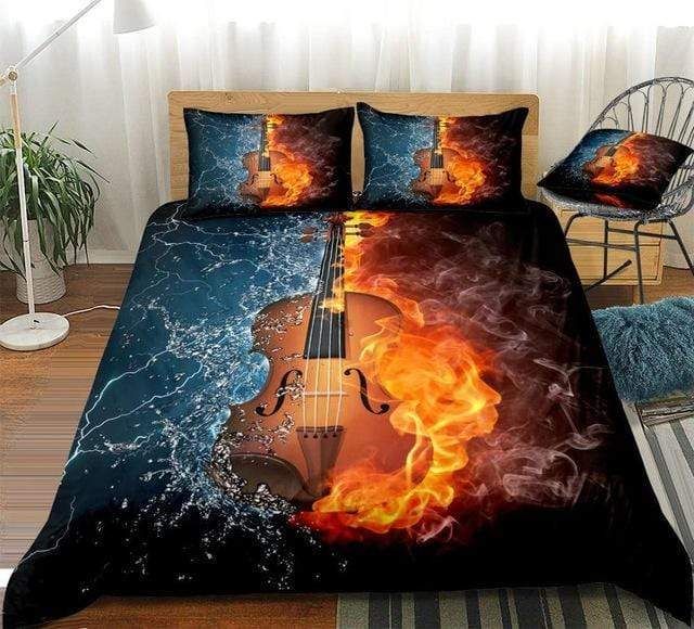 3d Violin On Fire Water Splash Bedding Set