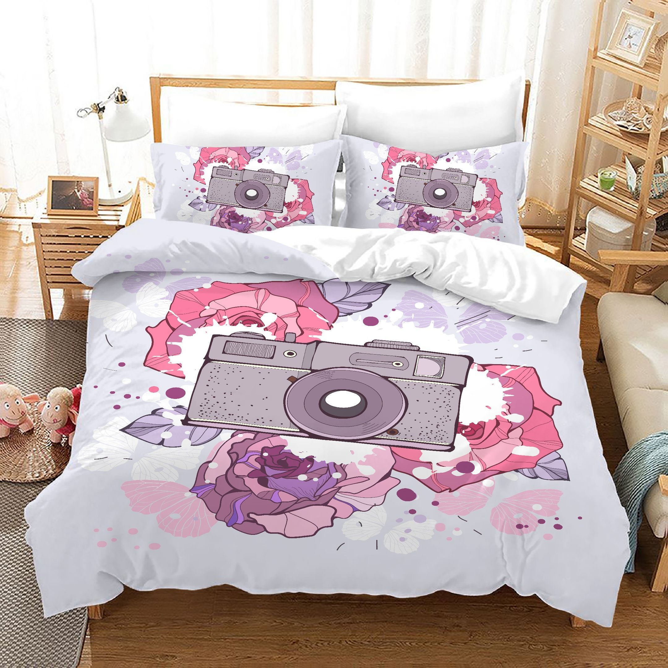 3d Watercolor Floral Camera Bedding Set