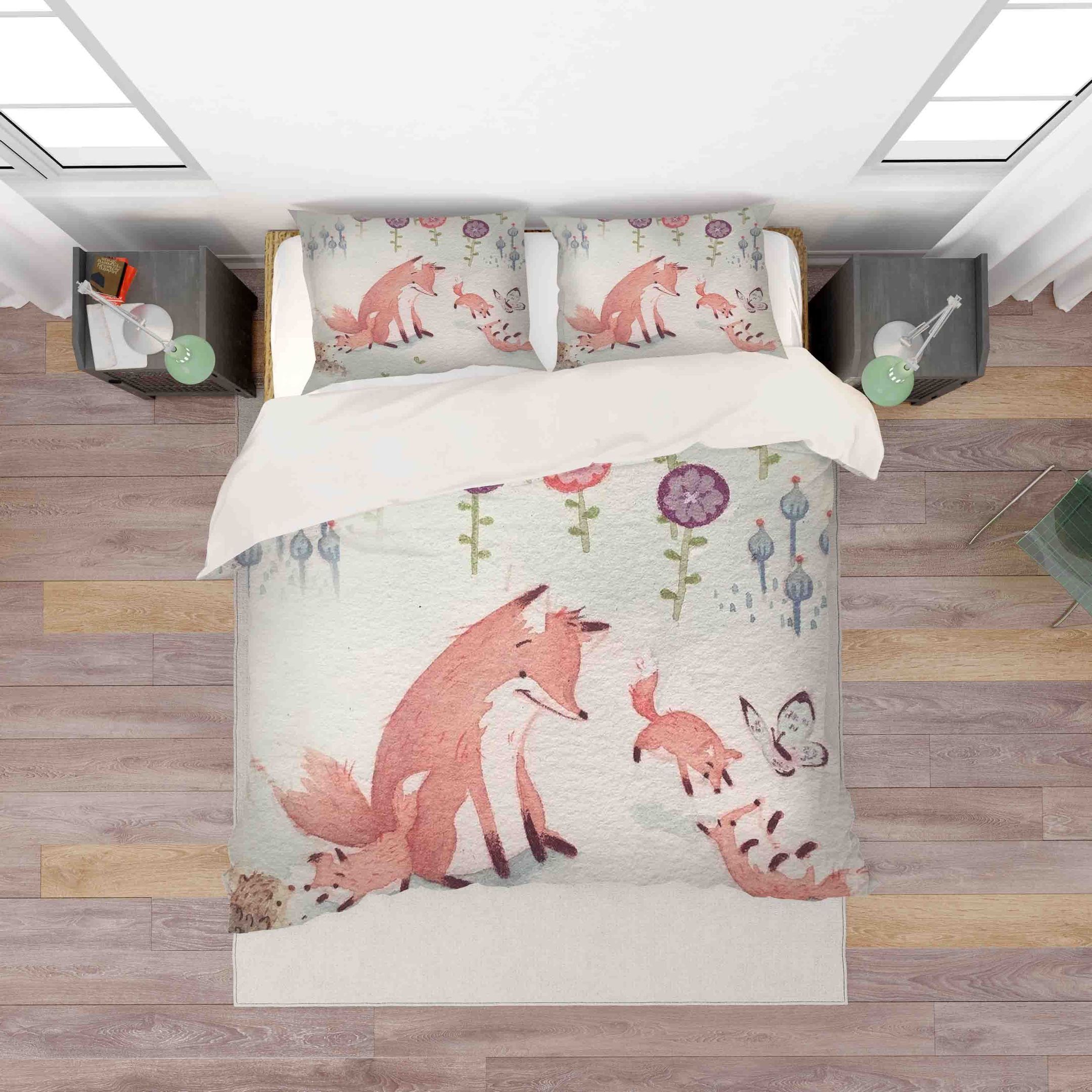 3d Watercolor Floral Fox Butterfly Bedding Set