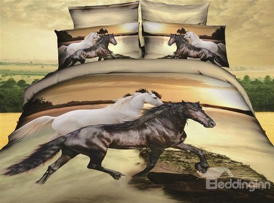 3D White and Black Horses Bedding Set