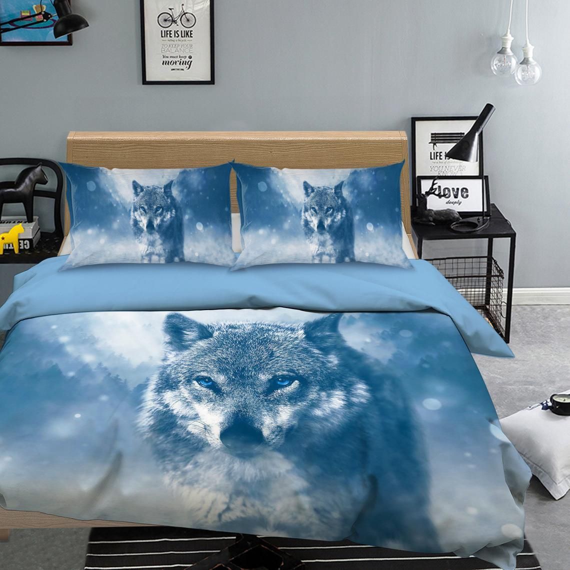 3D White and Blue Wolf Bedding Set