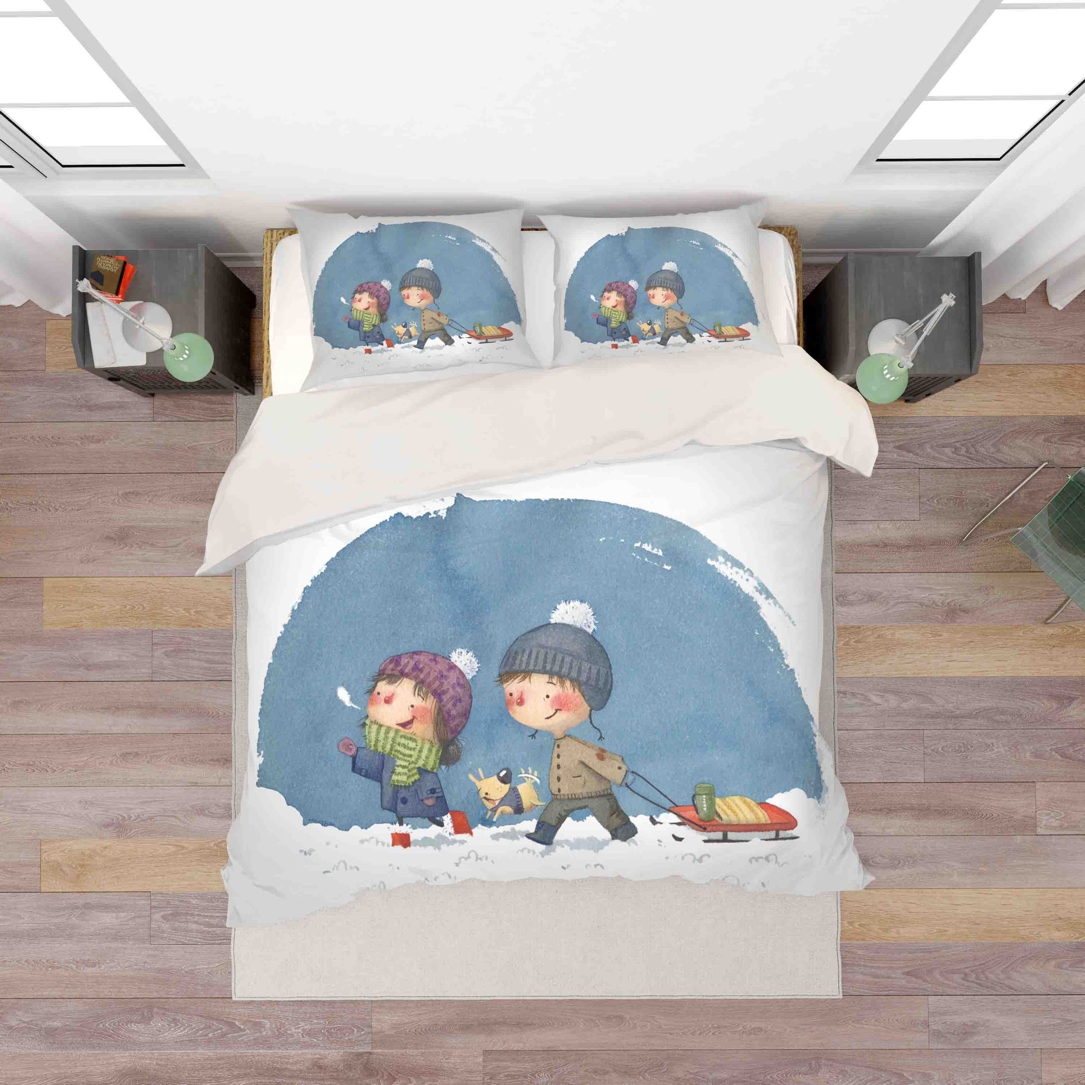 3d White Blue Cartoon Child Kid Dog Snow Winter Bedding Set