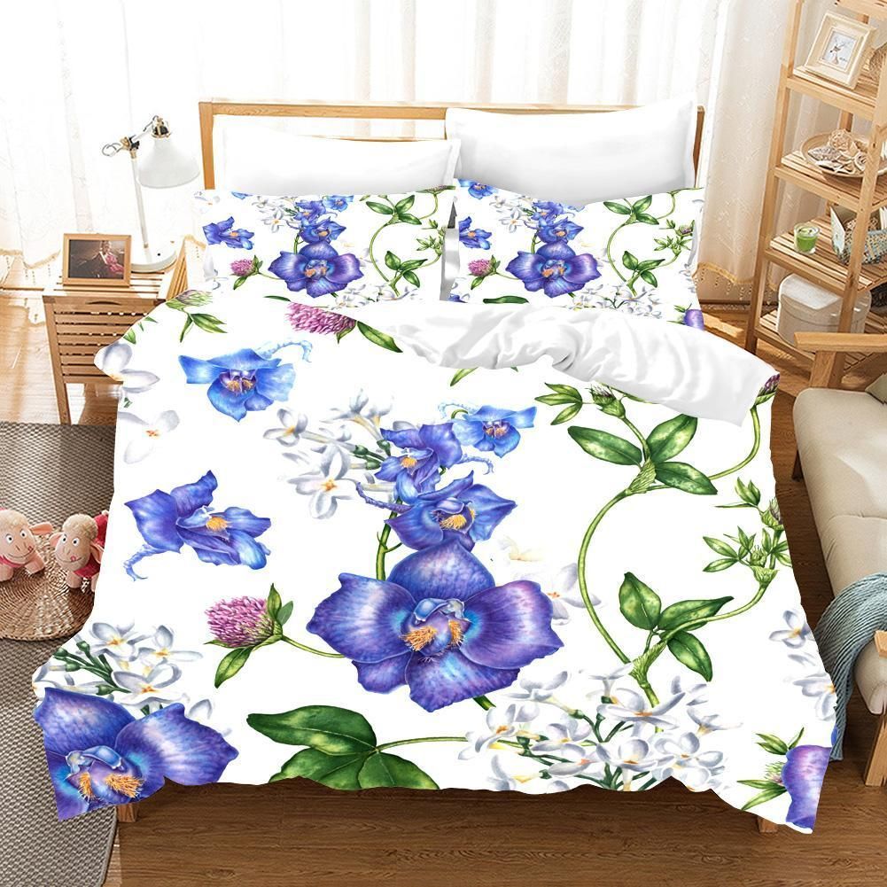 3d White Blue Floral Bedding Set