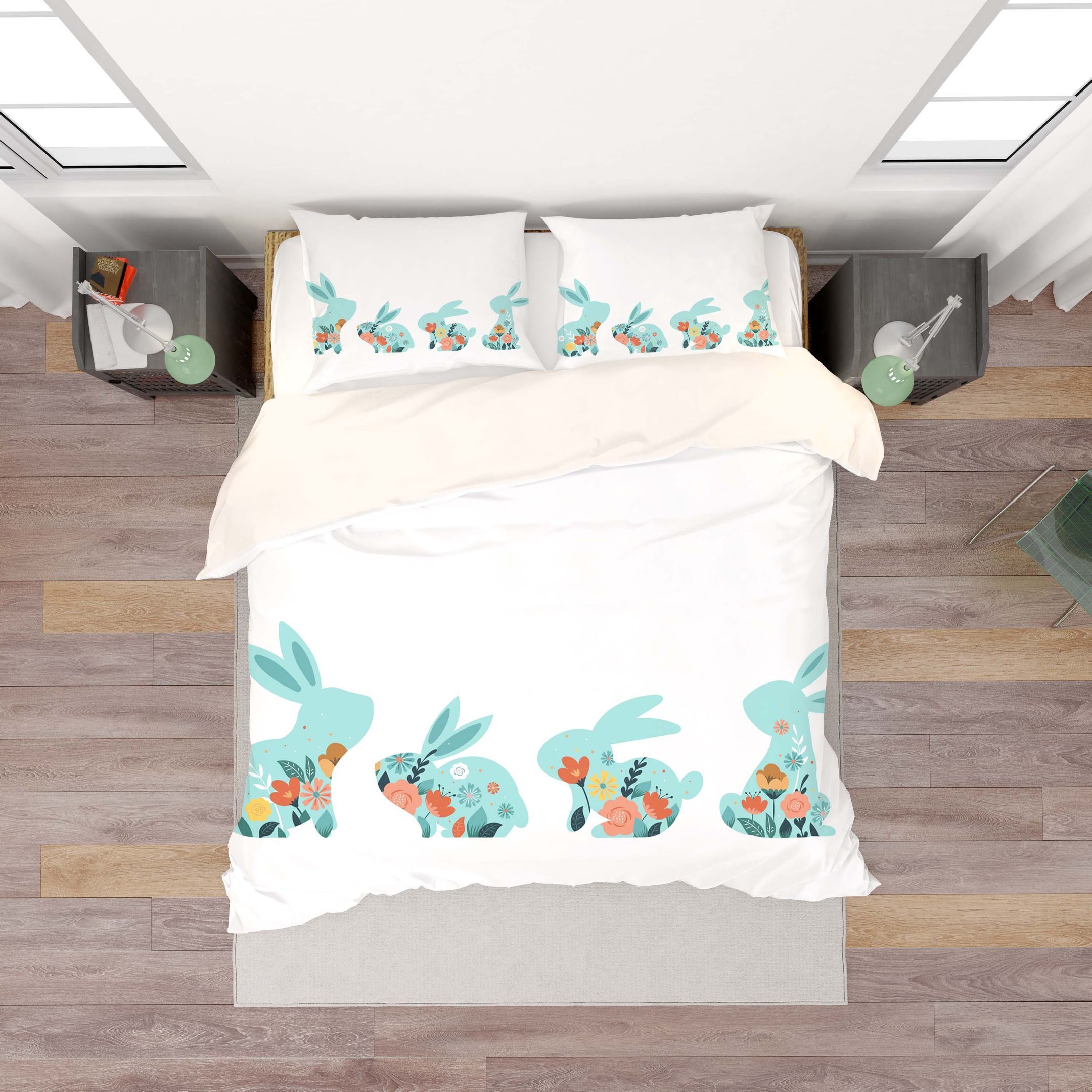 3d White Blue Rabbit Floral Bedding Set