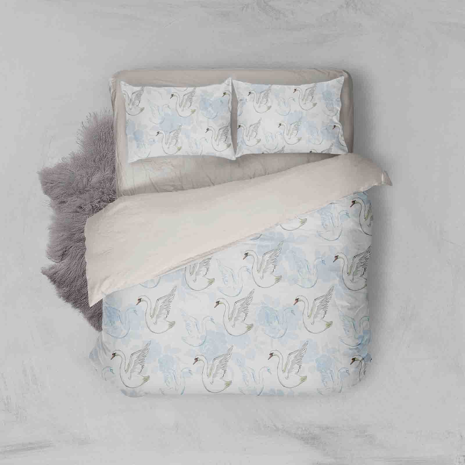 3d White Blue Swan Floral Bedding Set