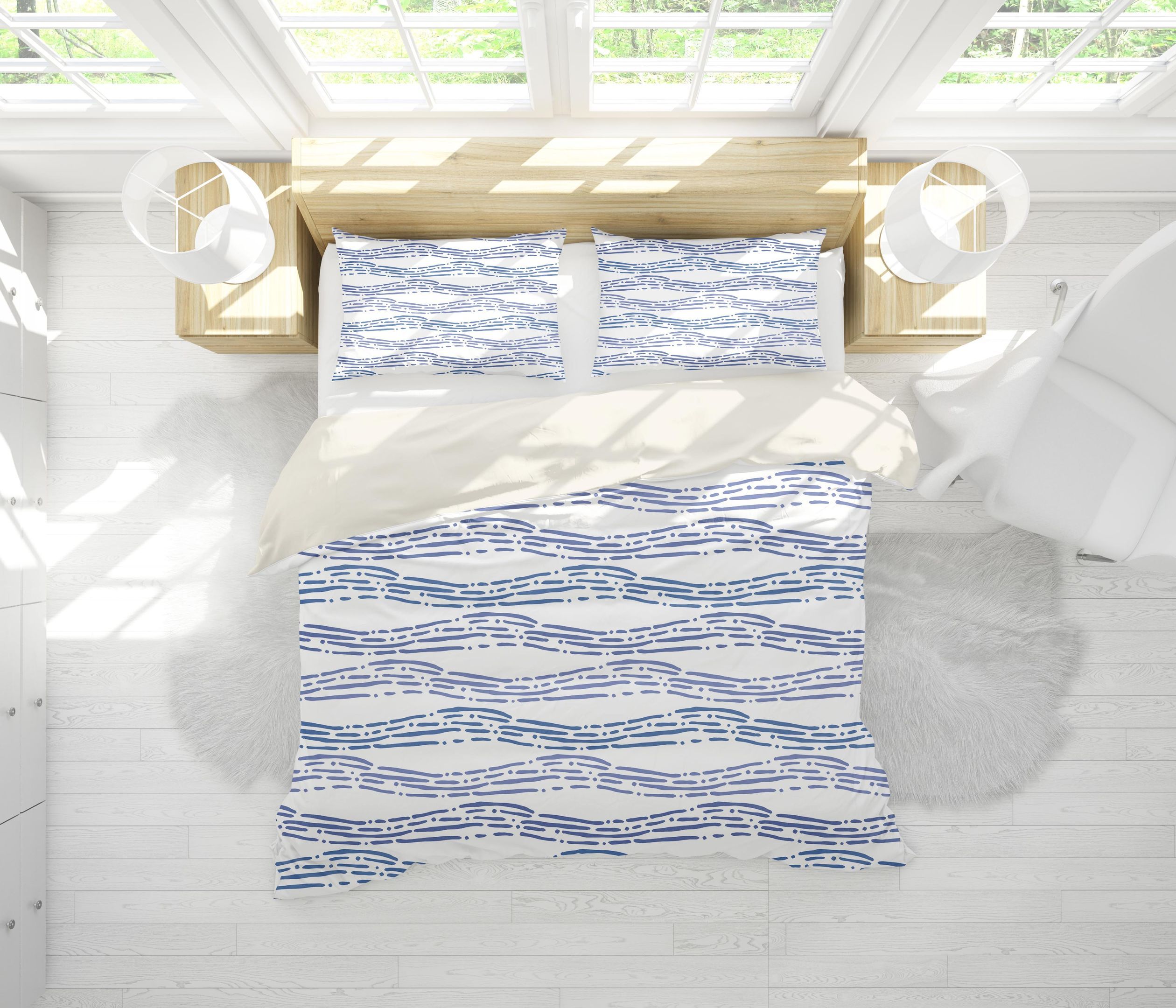 3d White Blue Wavy Stripes Bedding Set