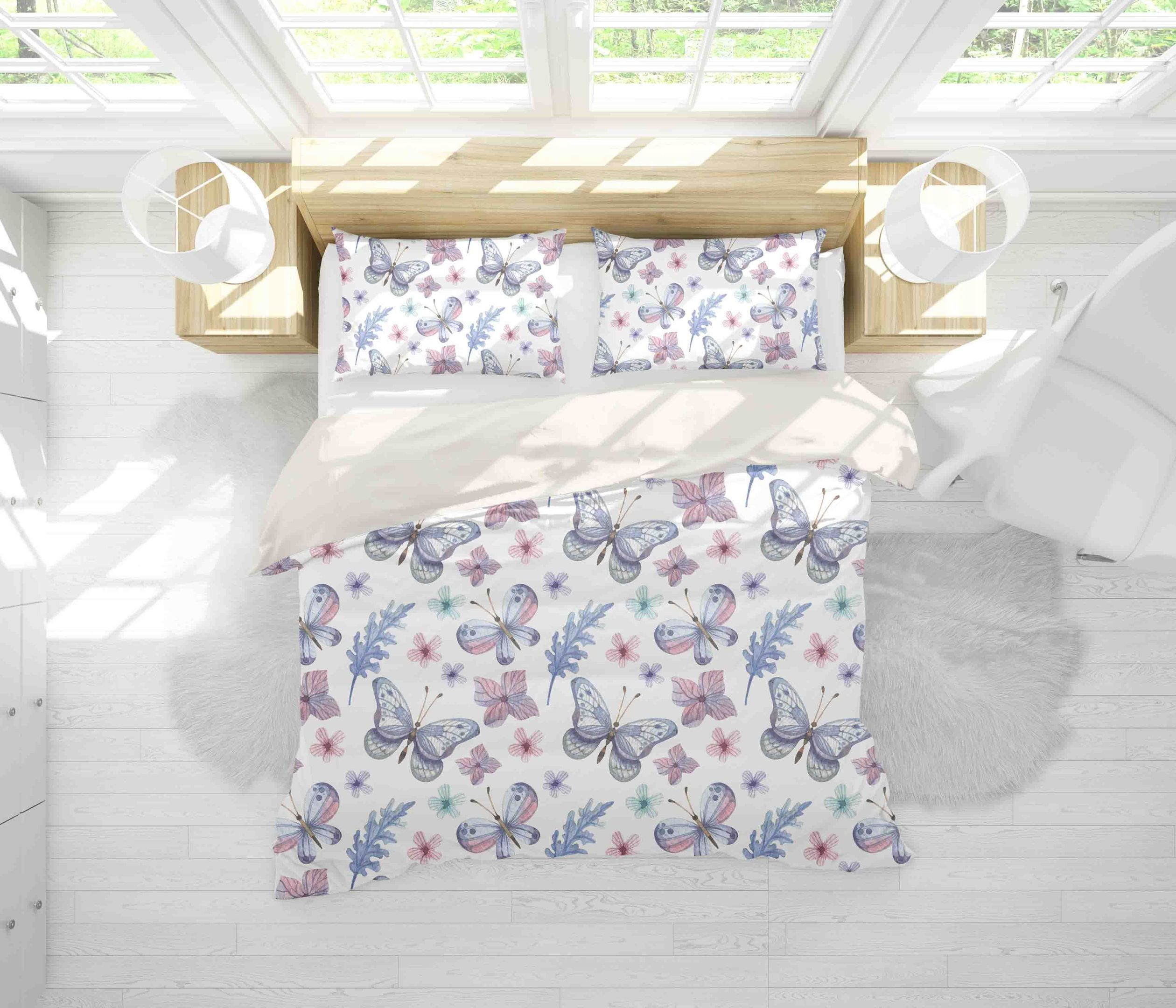 3d White Butterfly Floral Leaves Bedding Set