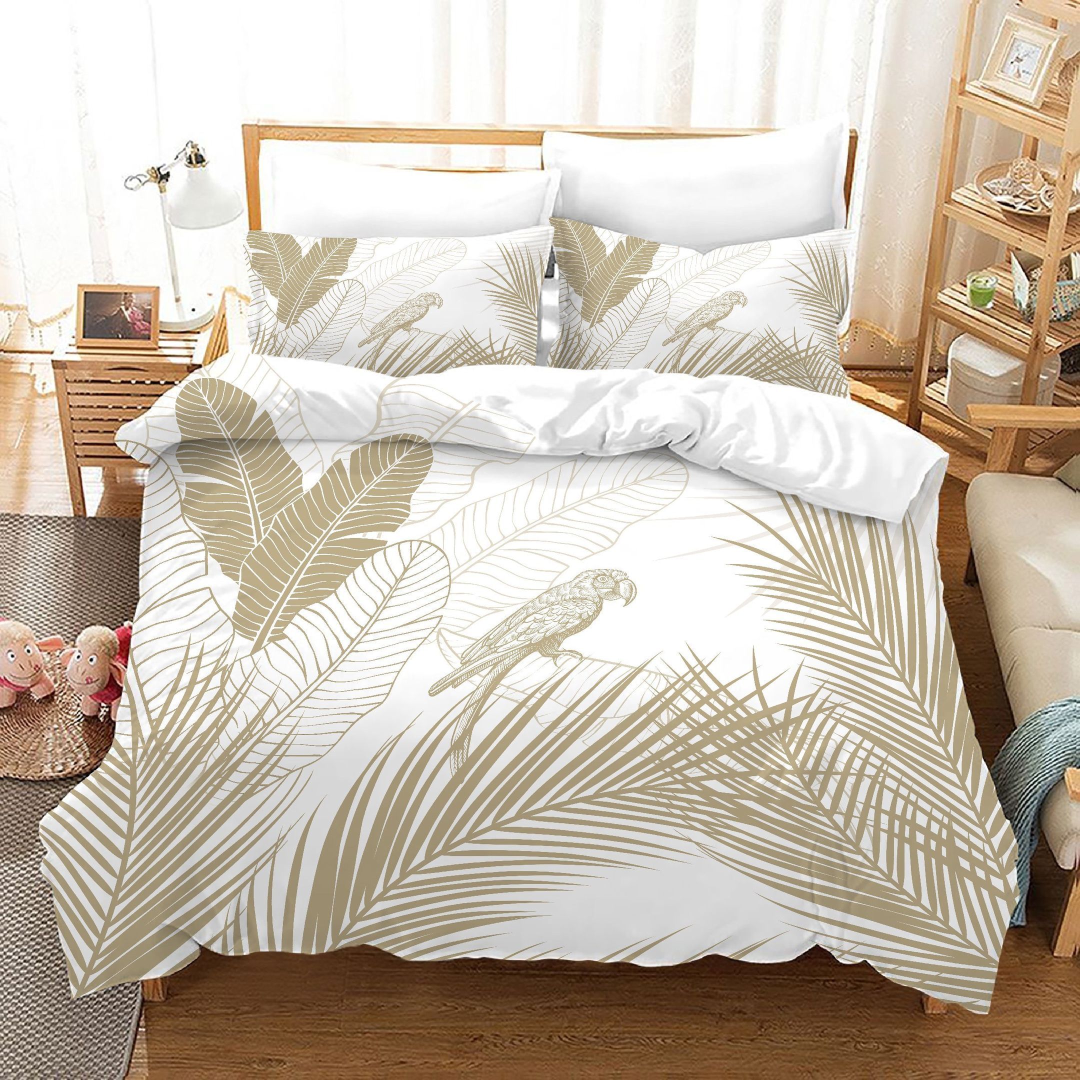 3d White Freehand Sketching Tropical Plants Bedding Set