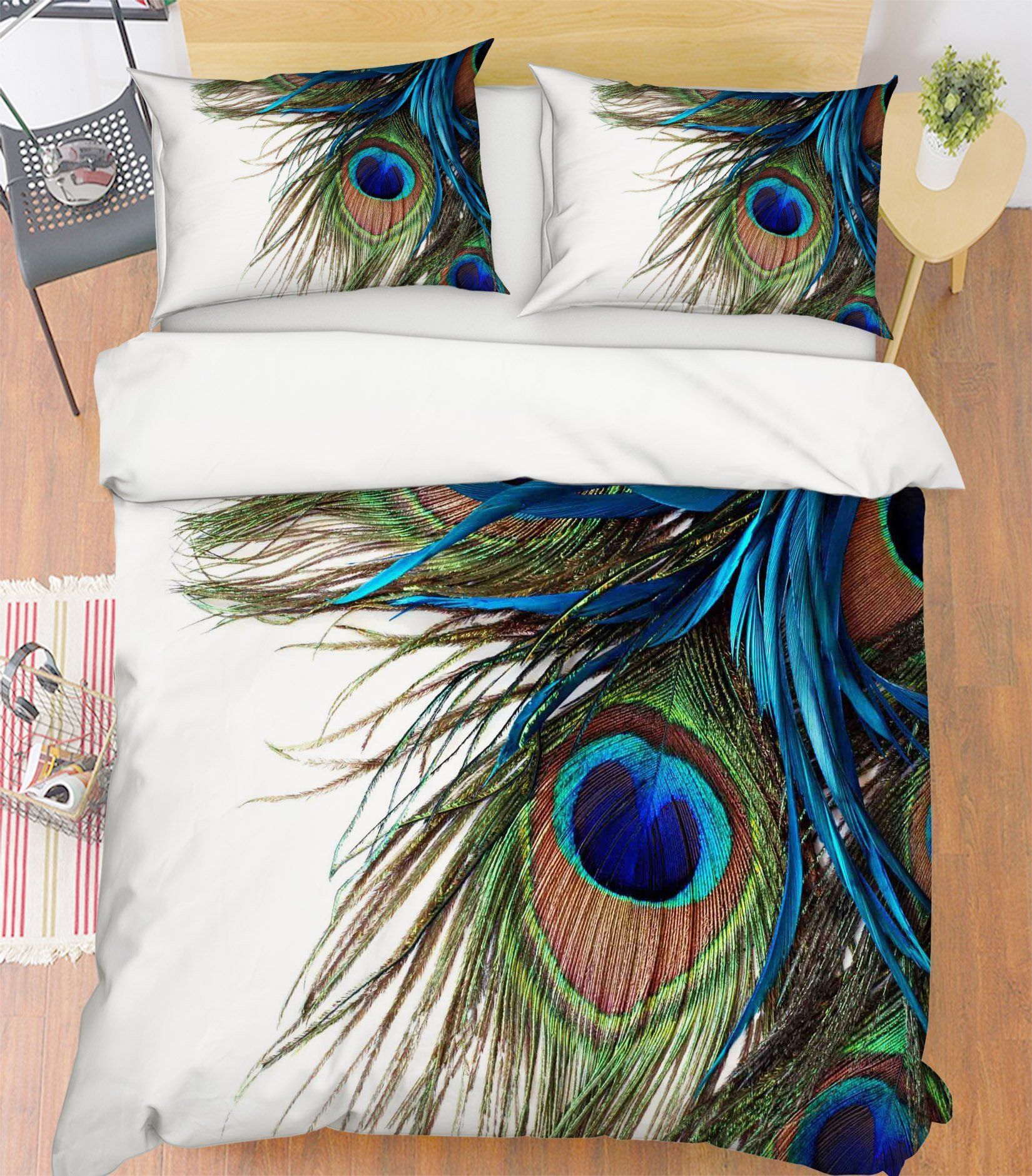 3d White Green Blue Peacock Feather Printed Bedding Set