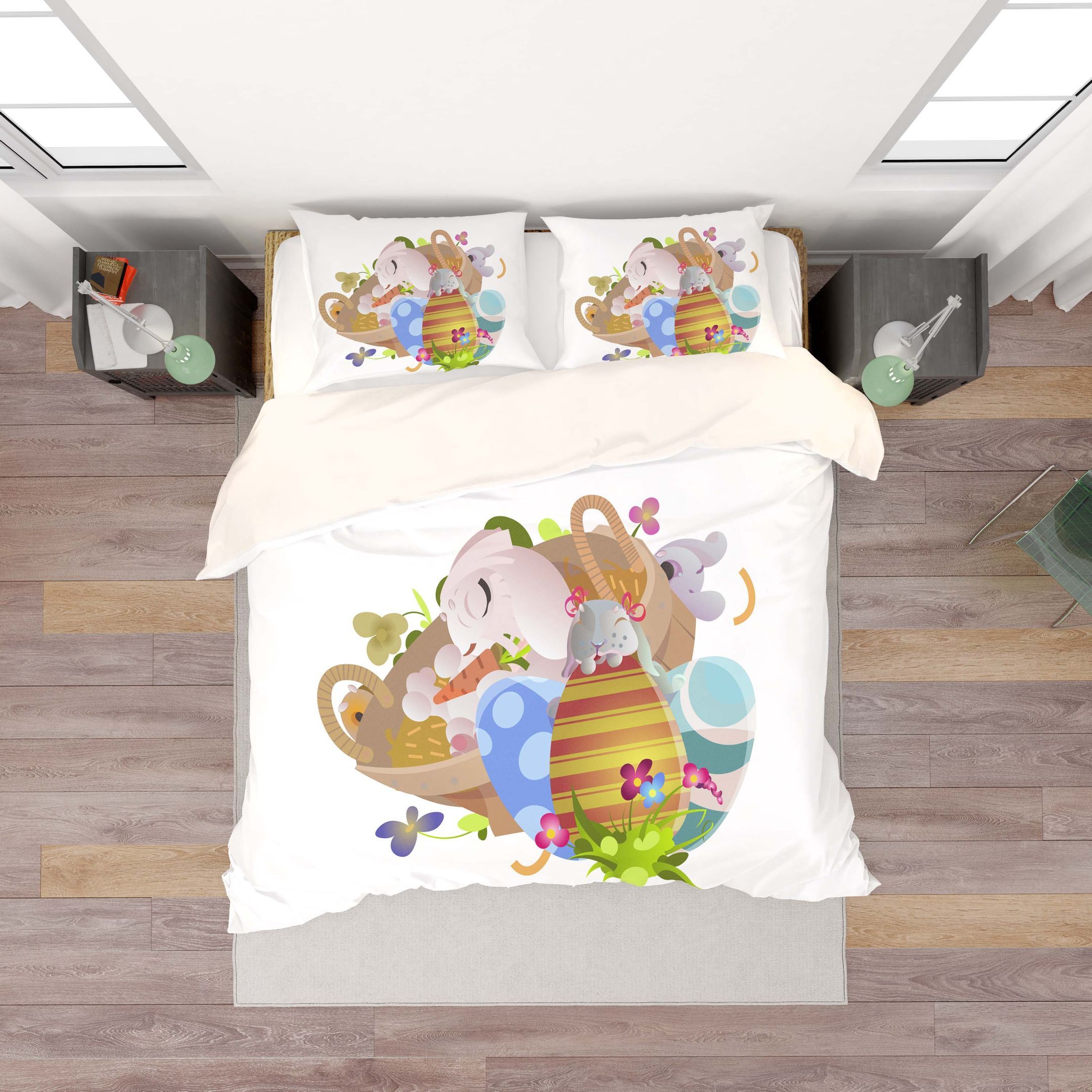 3d White Rabbit Basket Floral Eggs Bedding Set