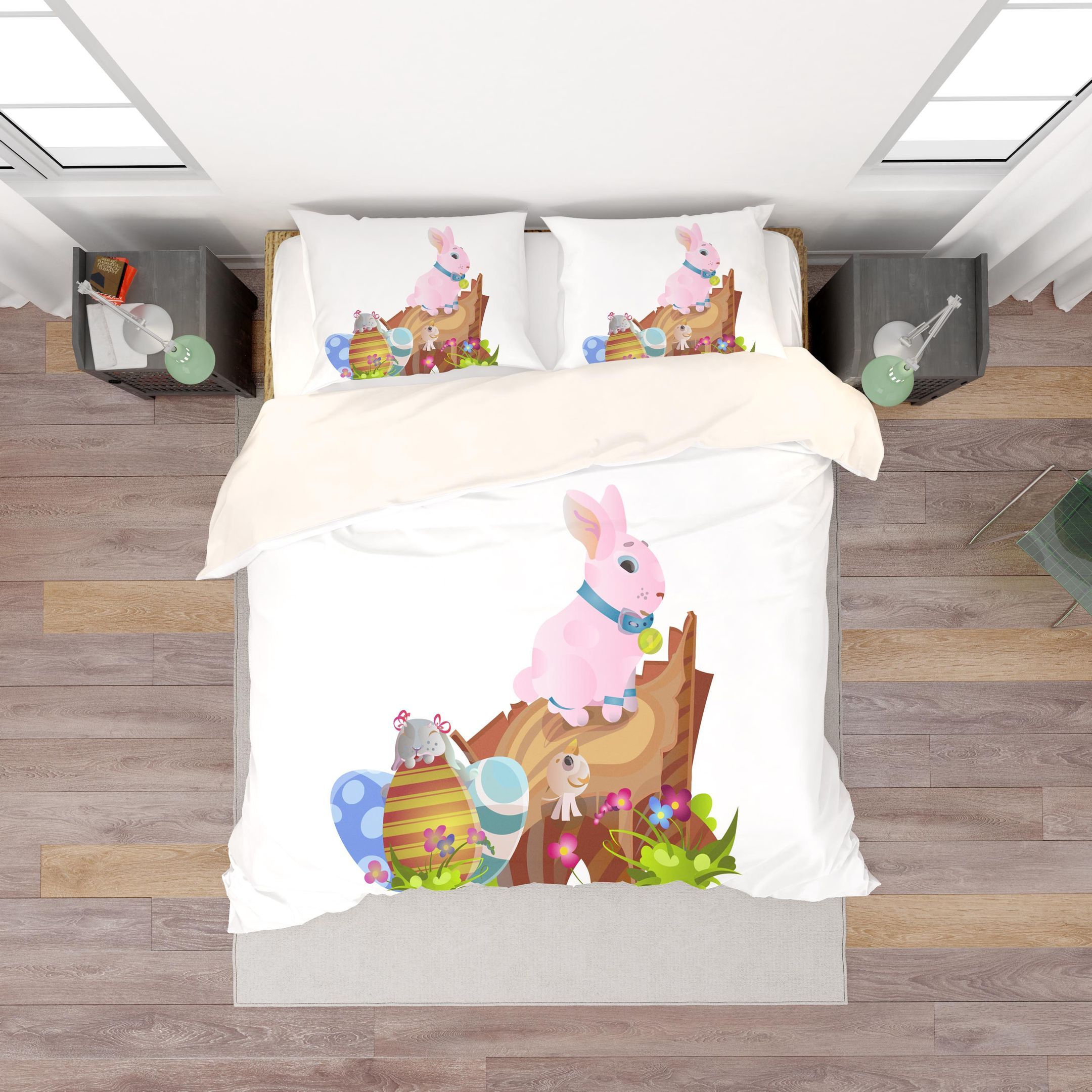 3d White Rabbit Eggs Floral Bedding Set