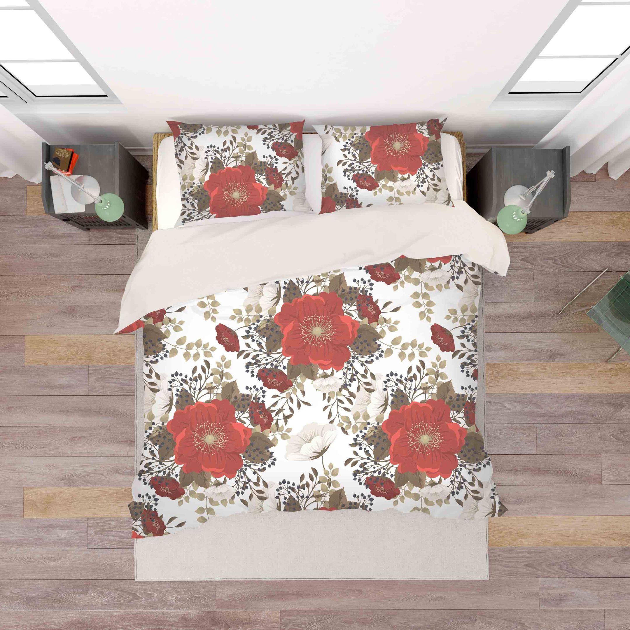 3d White Red Floral Bedding Set
