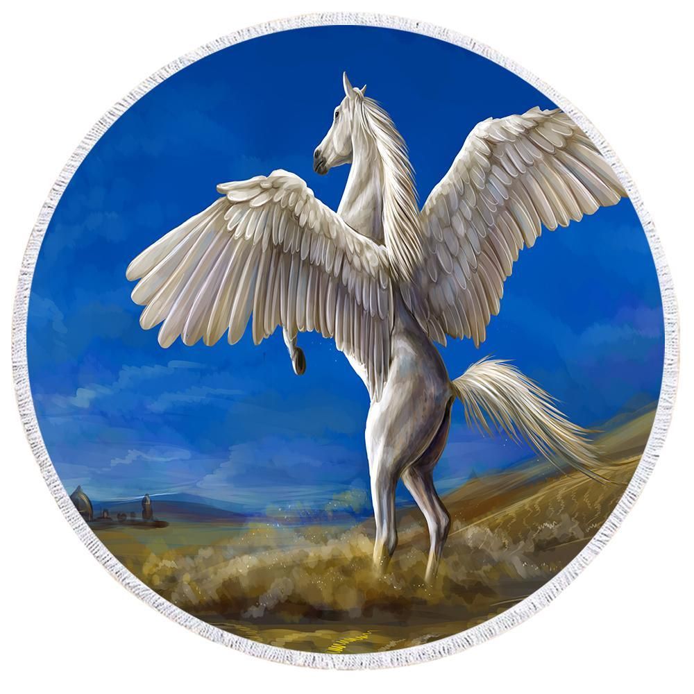 3d White Unicorn With Wings Printed Round Beach Towel
