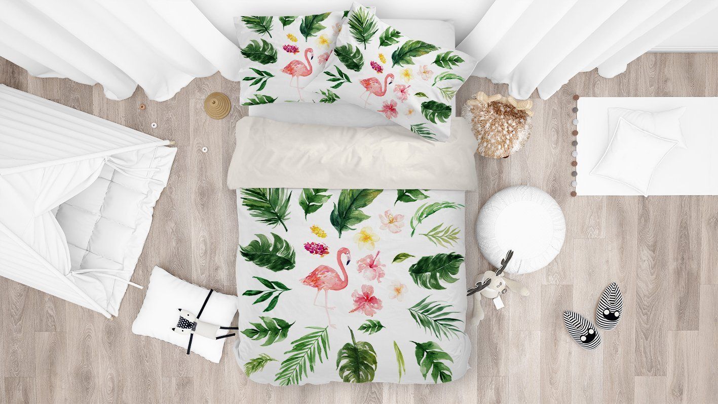 3d White Watercolor Flamingo Floral Leaves Comfortable Bedding Set