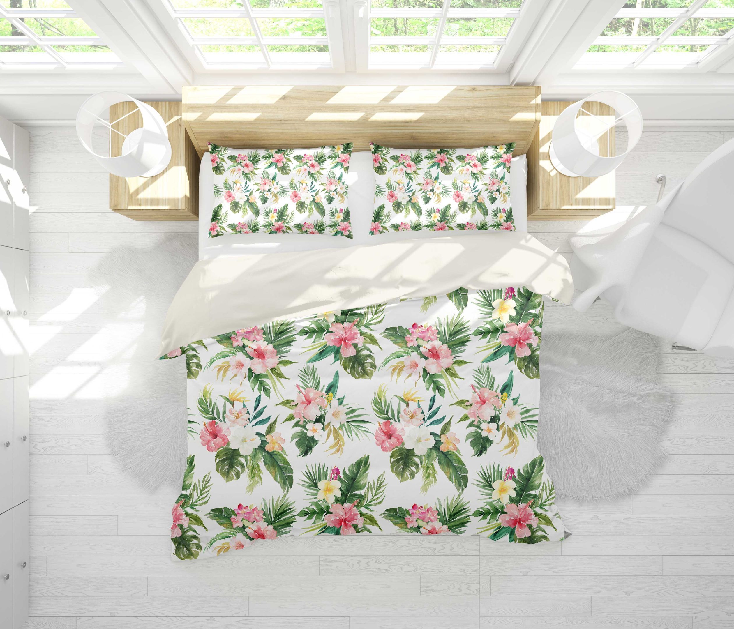 3d White Watercolor Floral Leaves Bedding Set