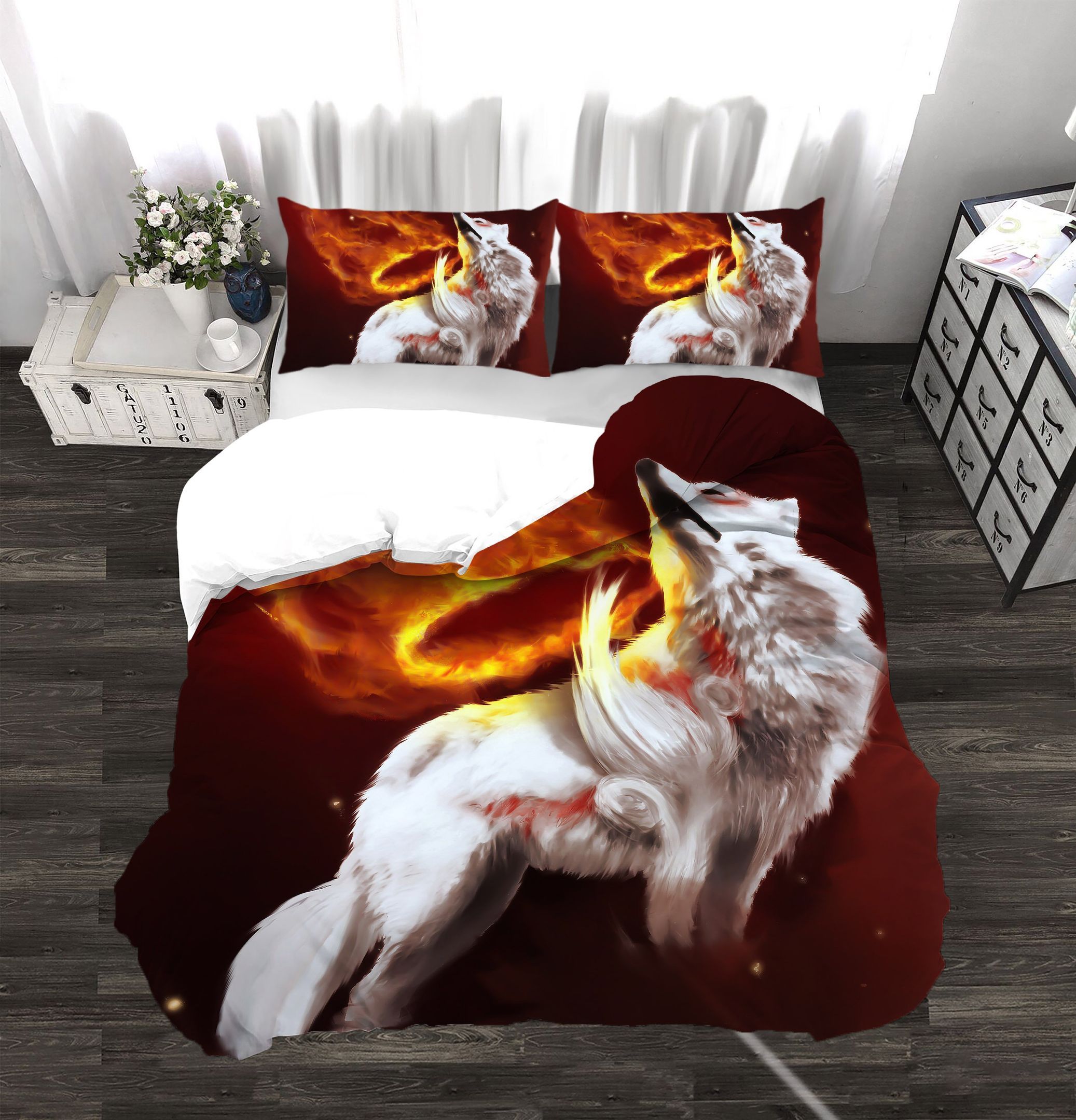3d White Wolf With Circle Fire Bedding Set