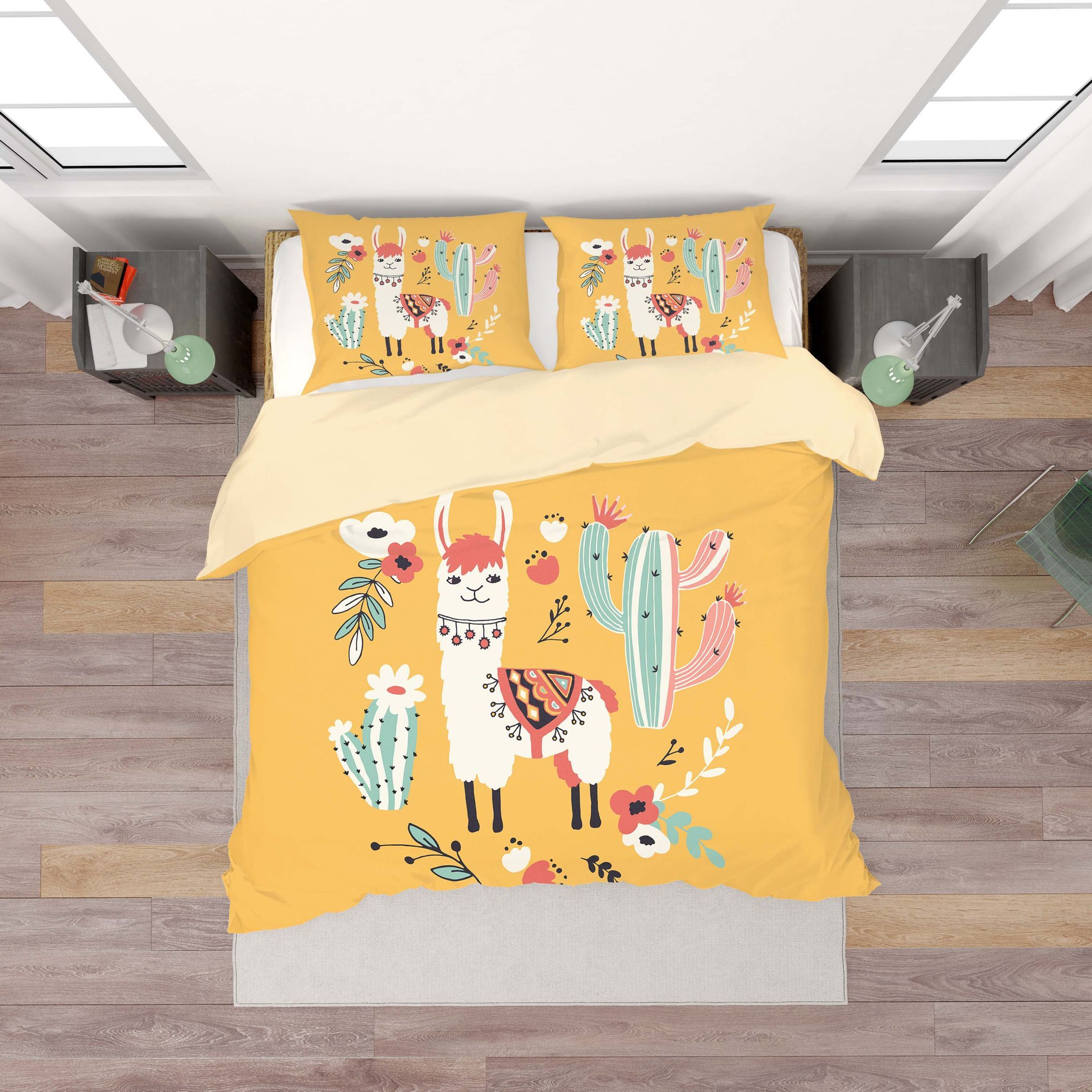 3d Yellow Alpaca Cactus Floral Cartoon Bedding Set