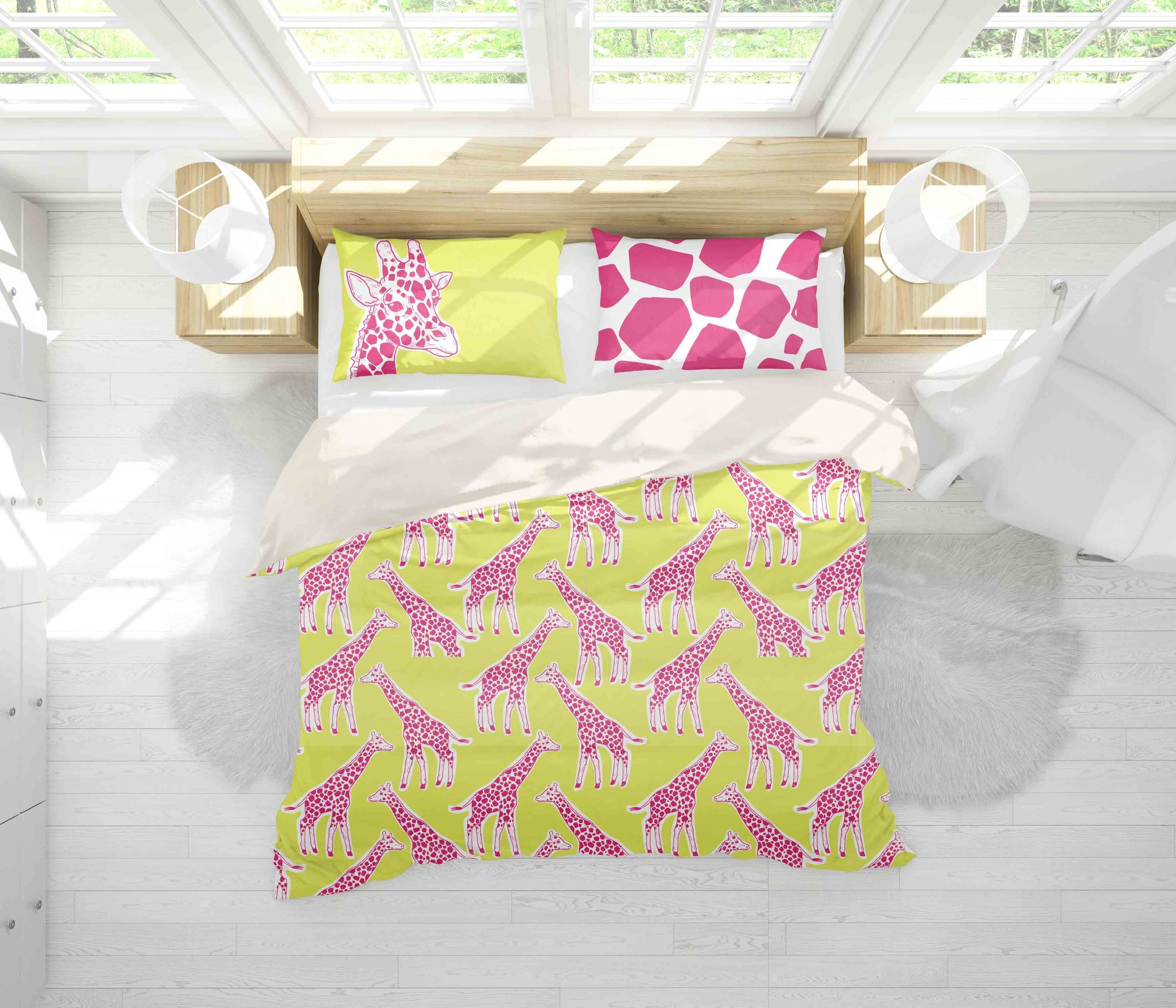 3d Yellow Pink Giraffe Bedding Set