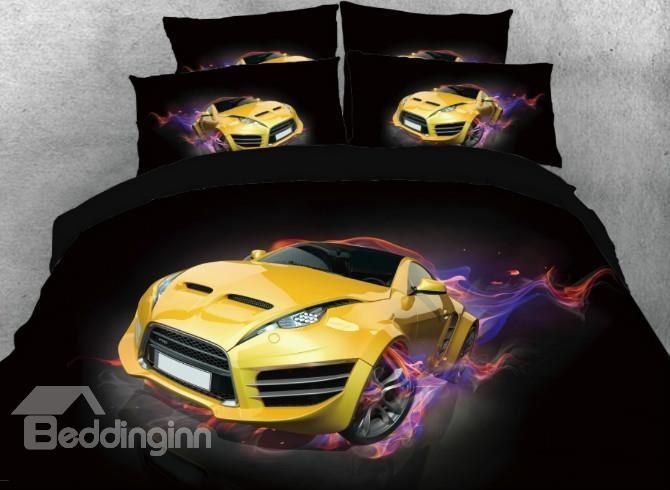 3D Yellow Super Car With Fire Bedding Set