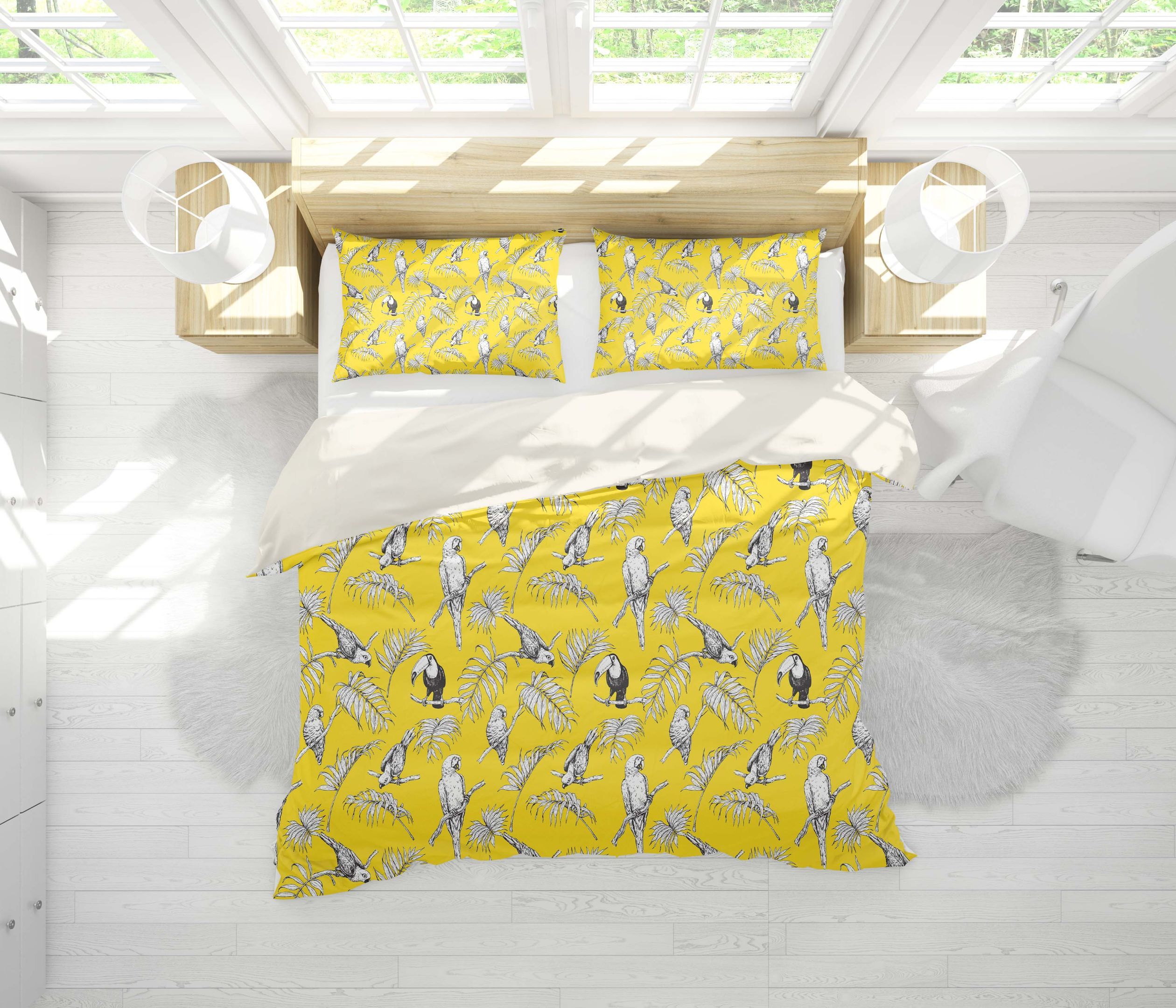 3d Yellow Toucan Parrot Leaves Bedding Set