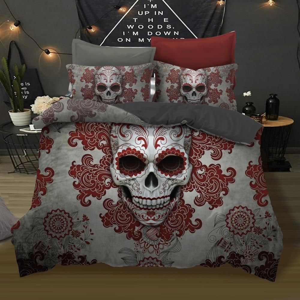 3Pcs Skull Red Flowers Bedding Set