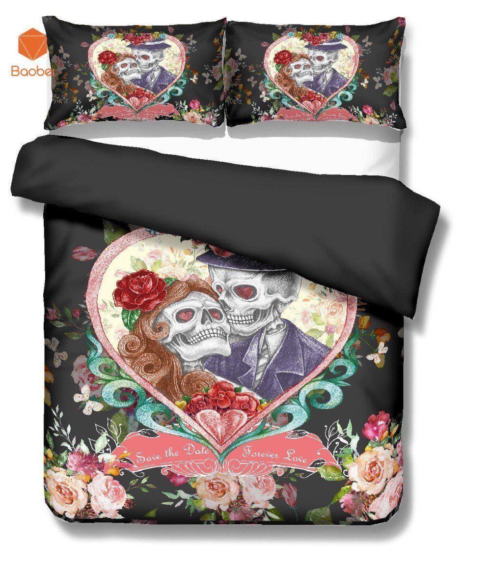 3Pcs Sugar Flowers Heart Skull Black Bedding Set