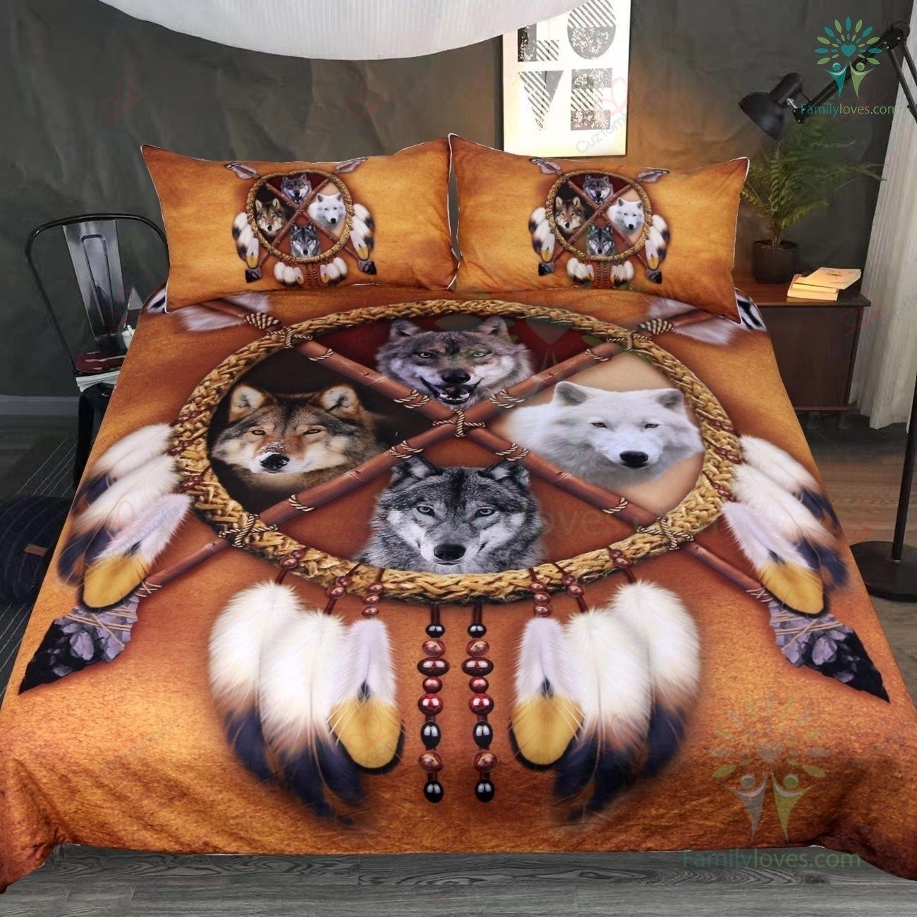 4 Wolves Dreamcatcher Bedding Native American Golden Brown Indian Bedding Set