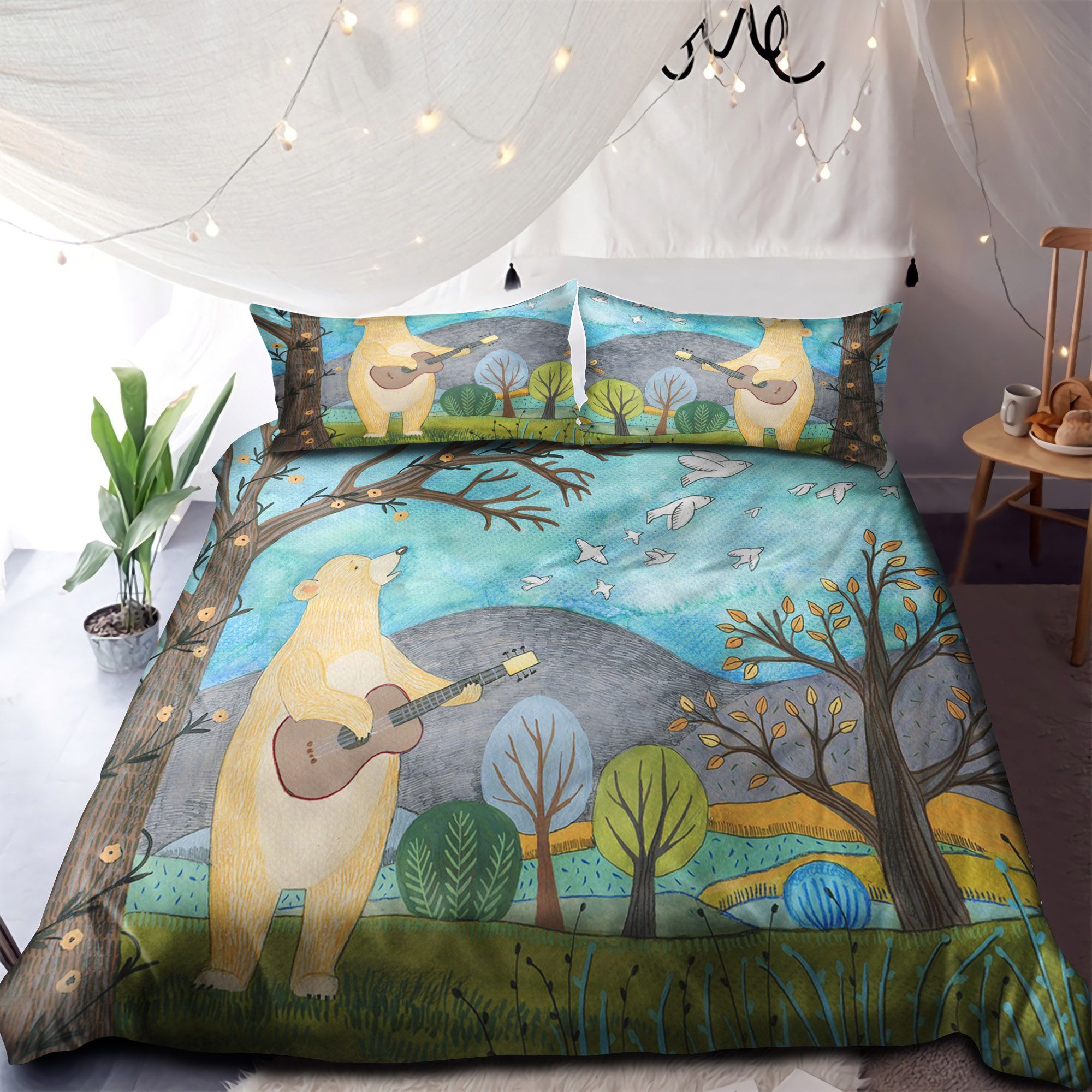 A Big Bear Playing Guitar Bedding Set