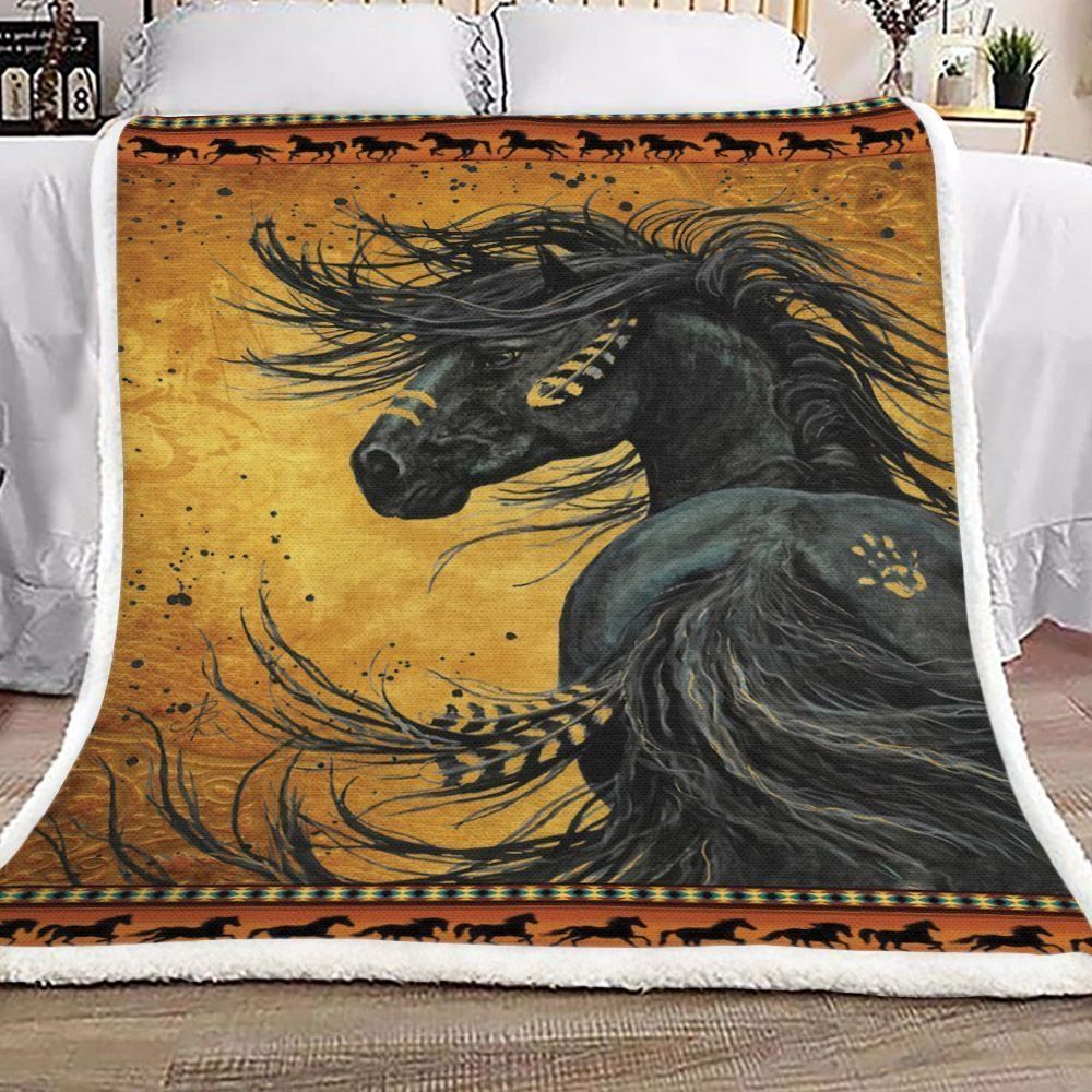 A Big Black Horse Sherpa Fleece Blanket