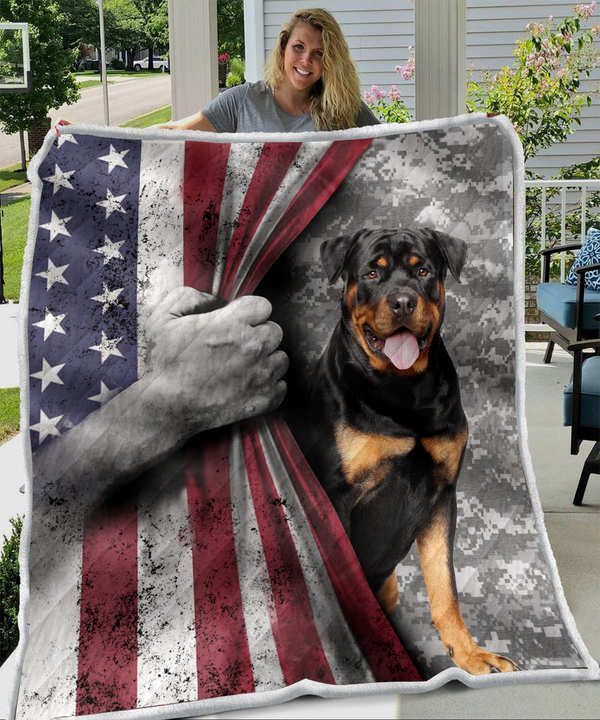A Big Black Rottweiler After Flag Sherpa Fleece Blanket
