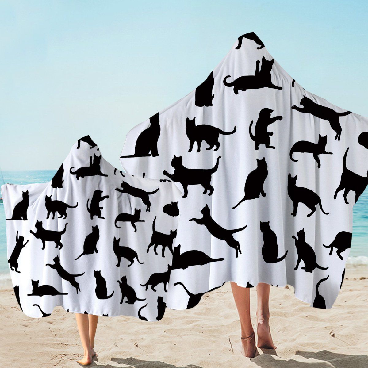 A Black Cat’s Thing On White Printed Hooded Towel