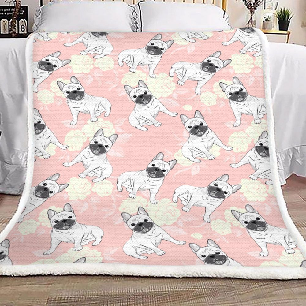 A Cute French Bulldog Loves Flower Sherpa Fleece Blanket