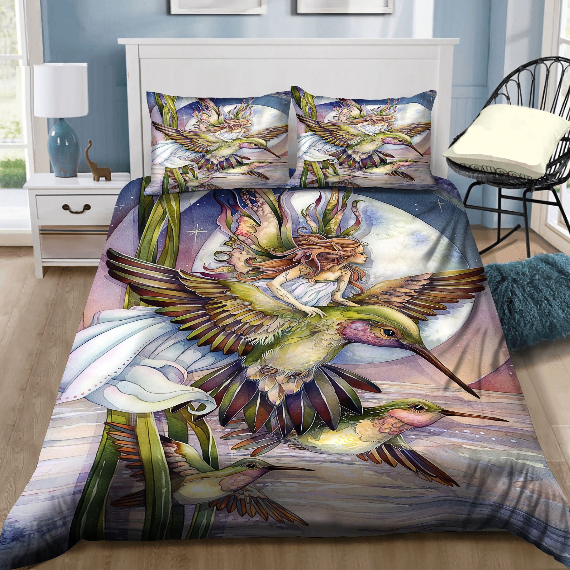 A Fairy Riding A Beautiful Hummingbird Bedding Set