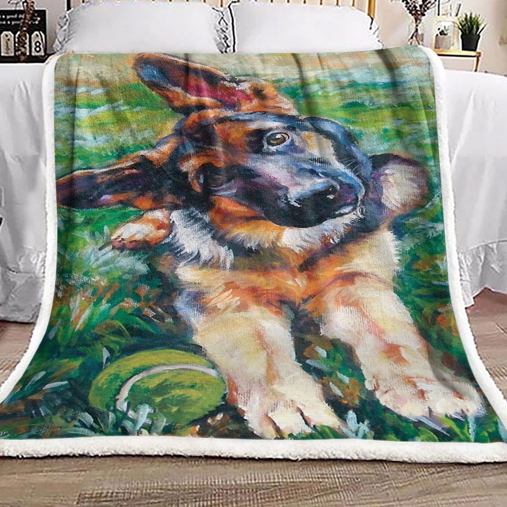 A German Shepherd Dog Play With Tennis Ball Sherpa Fleece Blanket