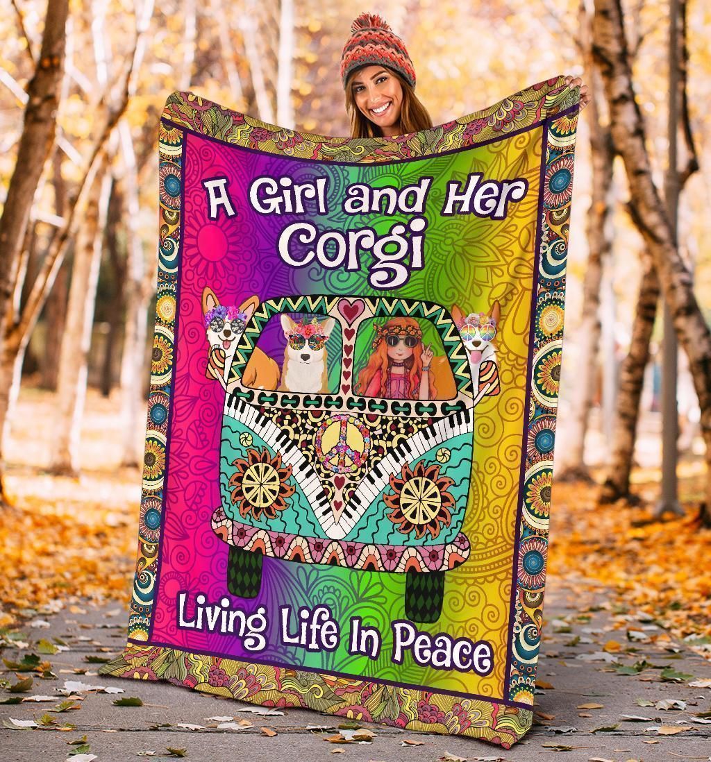 A Girl And Her Corgi Dog Living Life In Peace Hippie Fleece Blanket